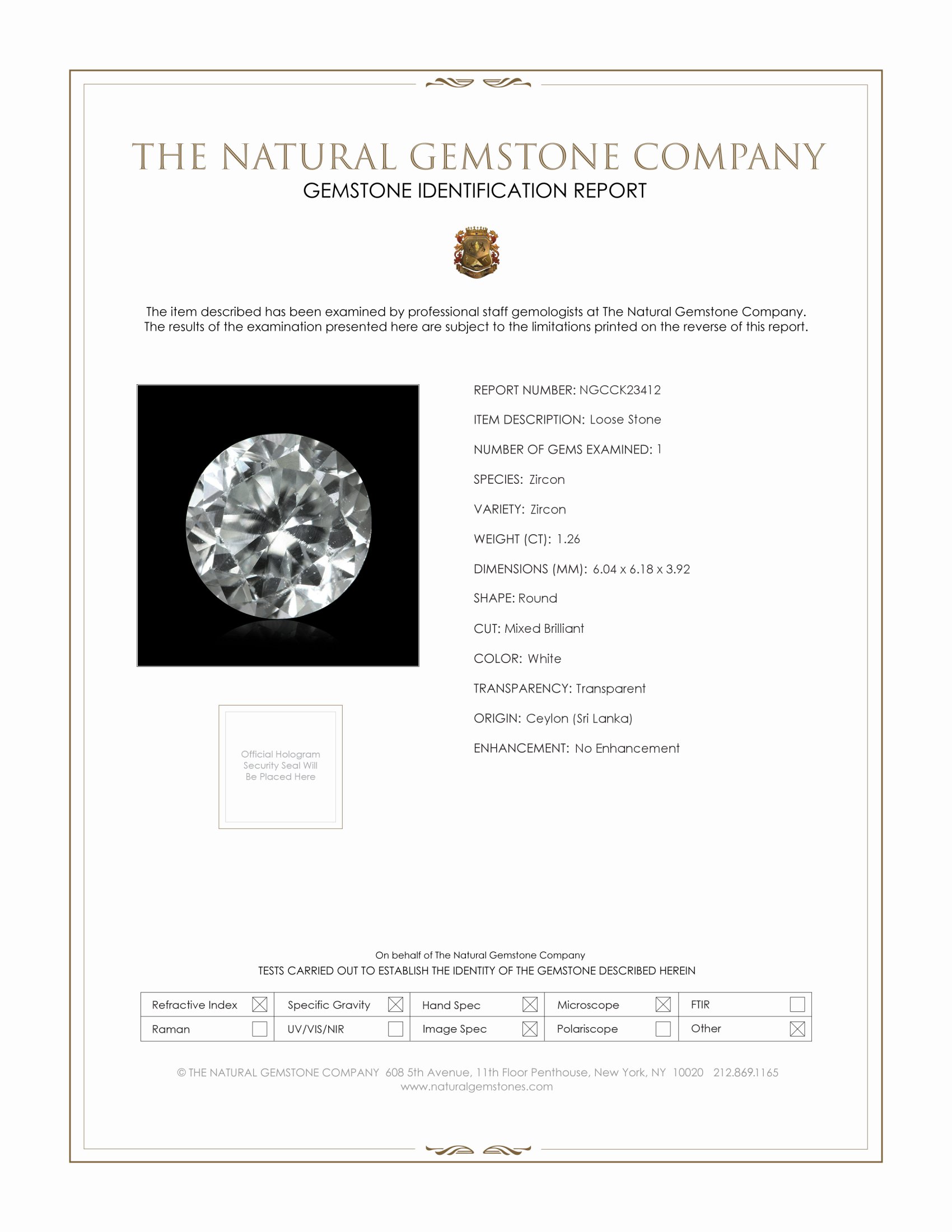 1.26 Ct. White Zircon from Ceylon (Sri Lanka)