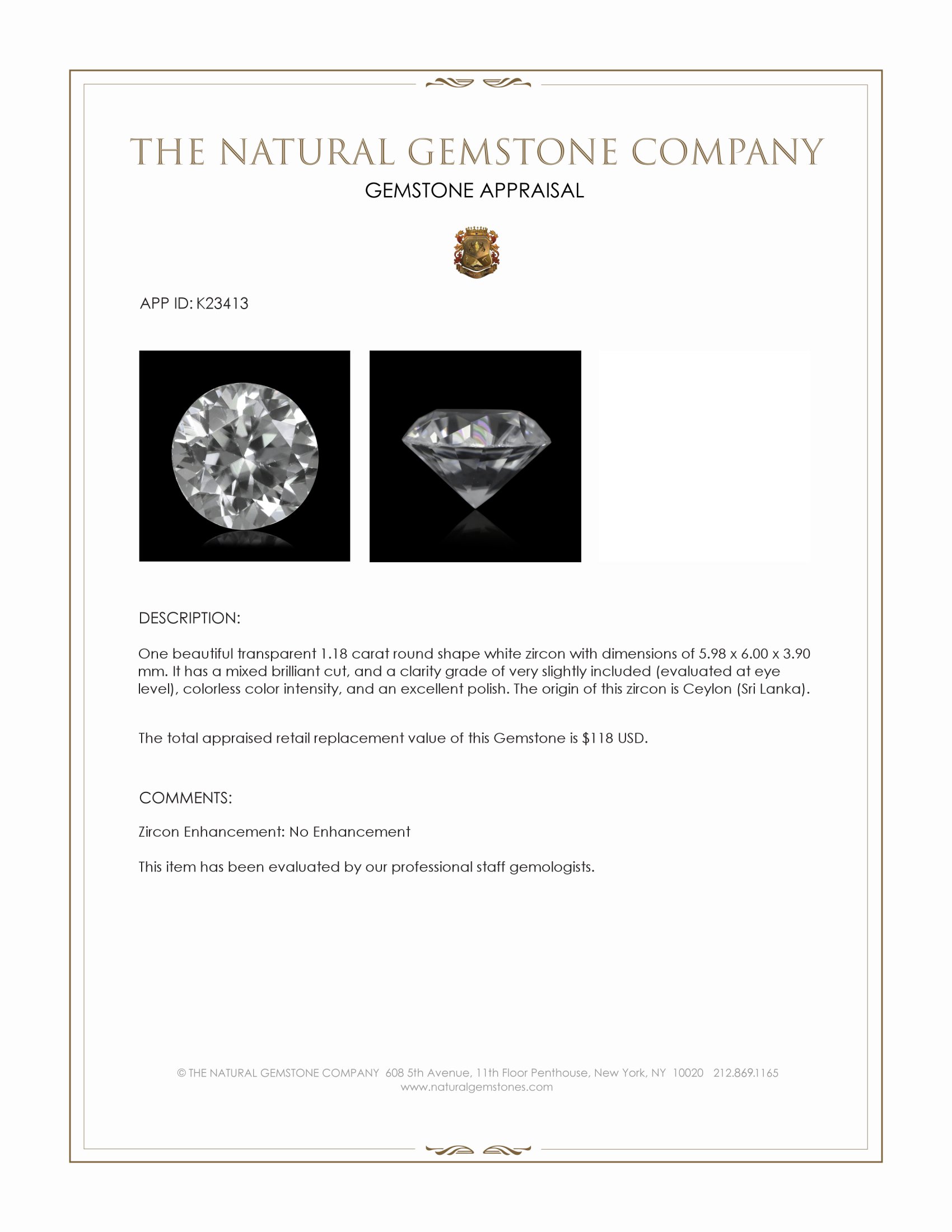 1.18 Ct. White Zircon from Ceylon (Sri Lanka)