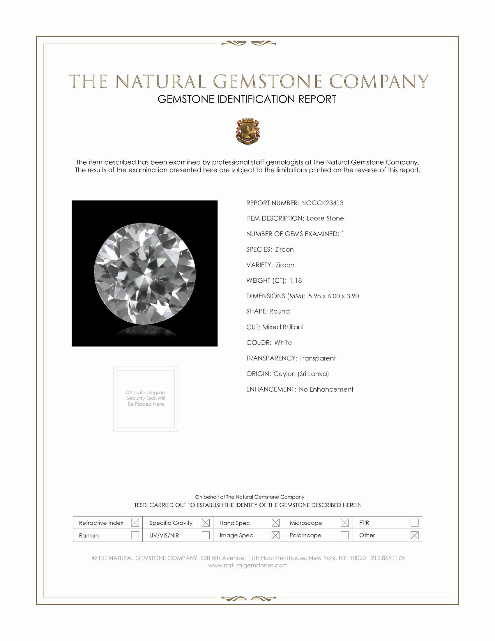 1.18 Ct. White Zircon from Ceylon (Sri Lanka)
