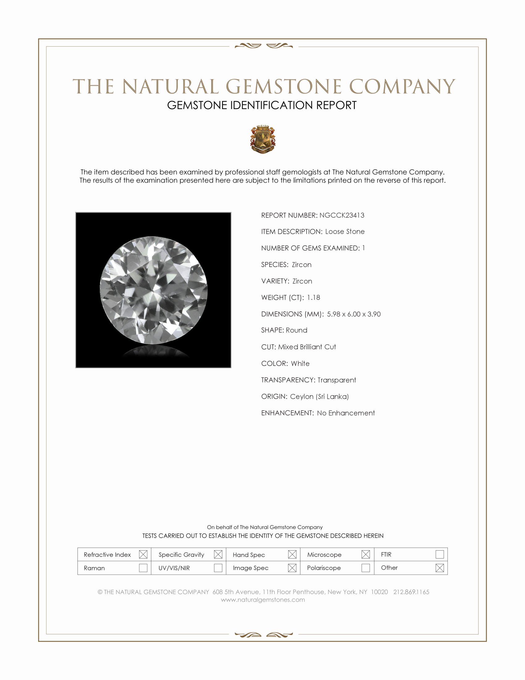 1.18 Ct. White Zircon from Ceylon (Sri Lanka)