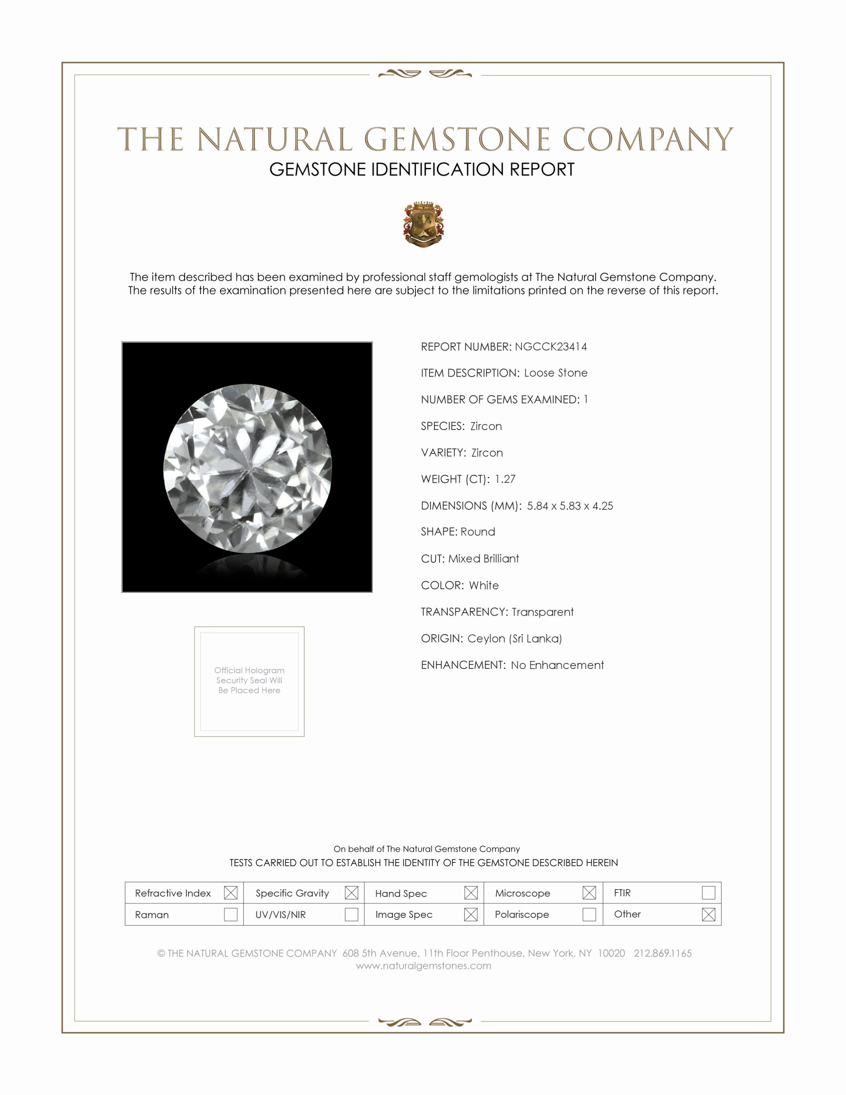 1.27 Ct. White Zircon from Ceylon (Sri Lanka)