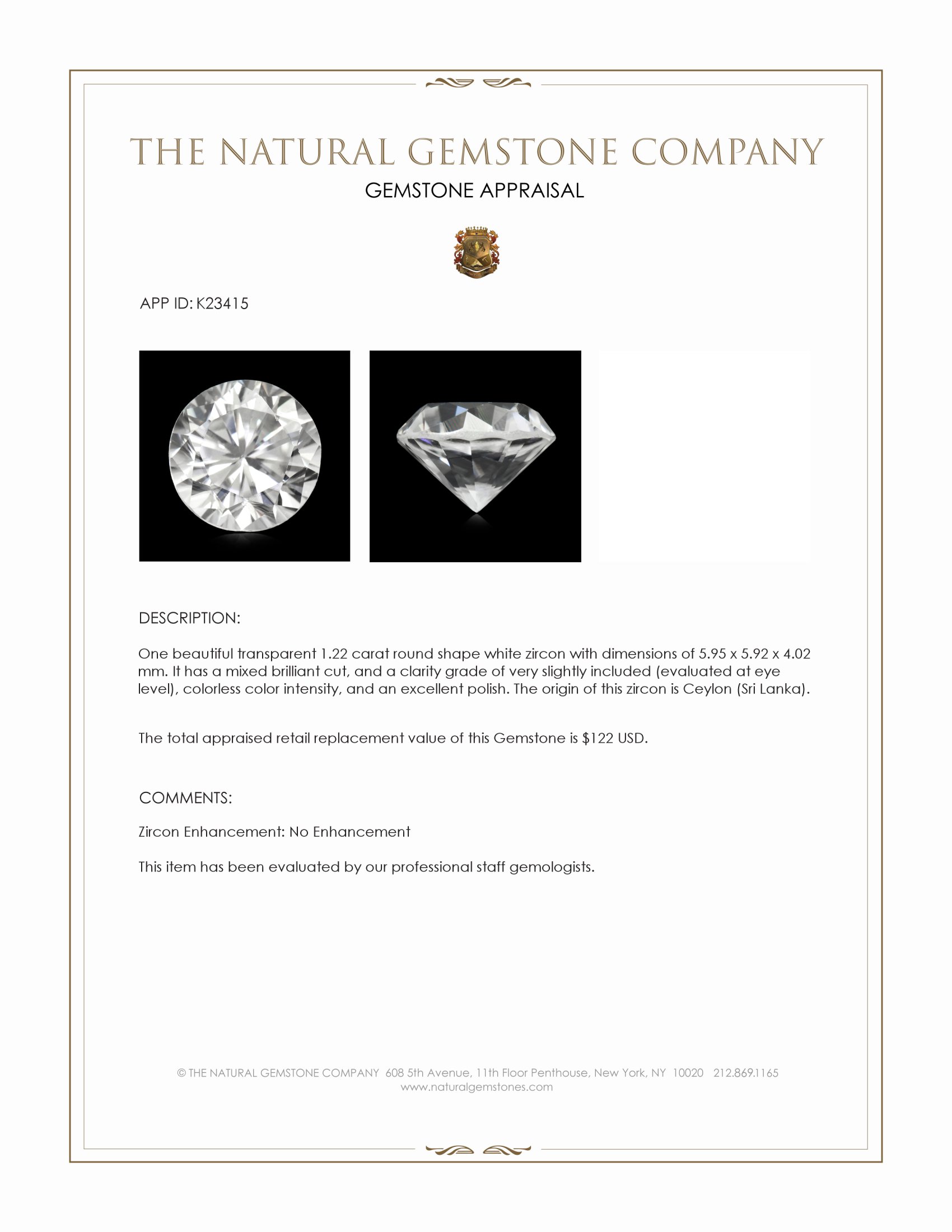 1.22 Ct. White Zircon from Ceylon (Sri Lanka)