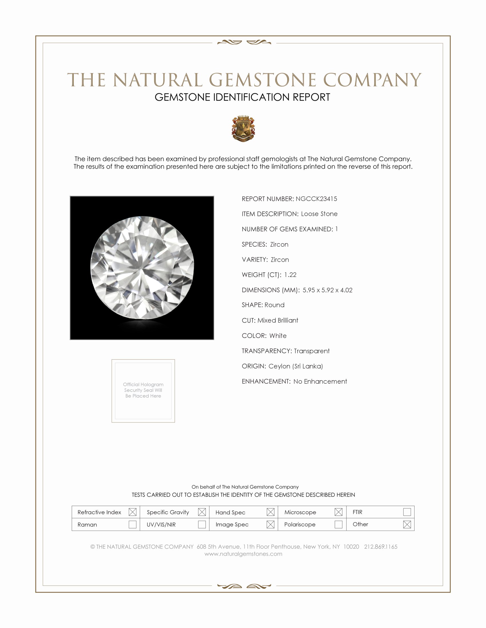 1.22 Ct. White Zircon from Ceylon (Sri Lanka)