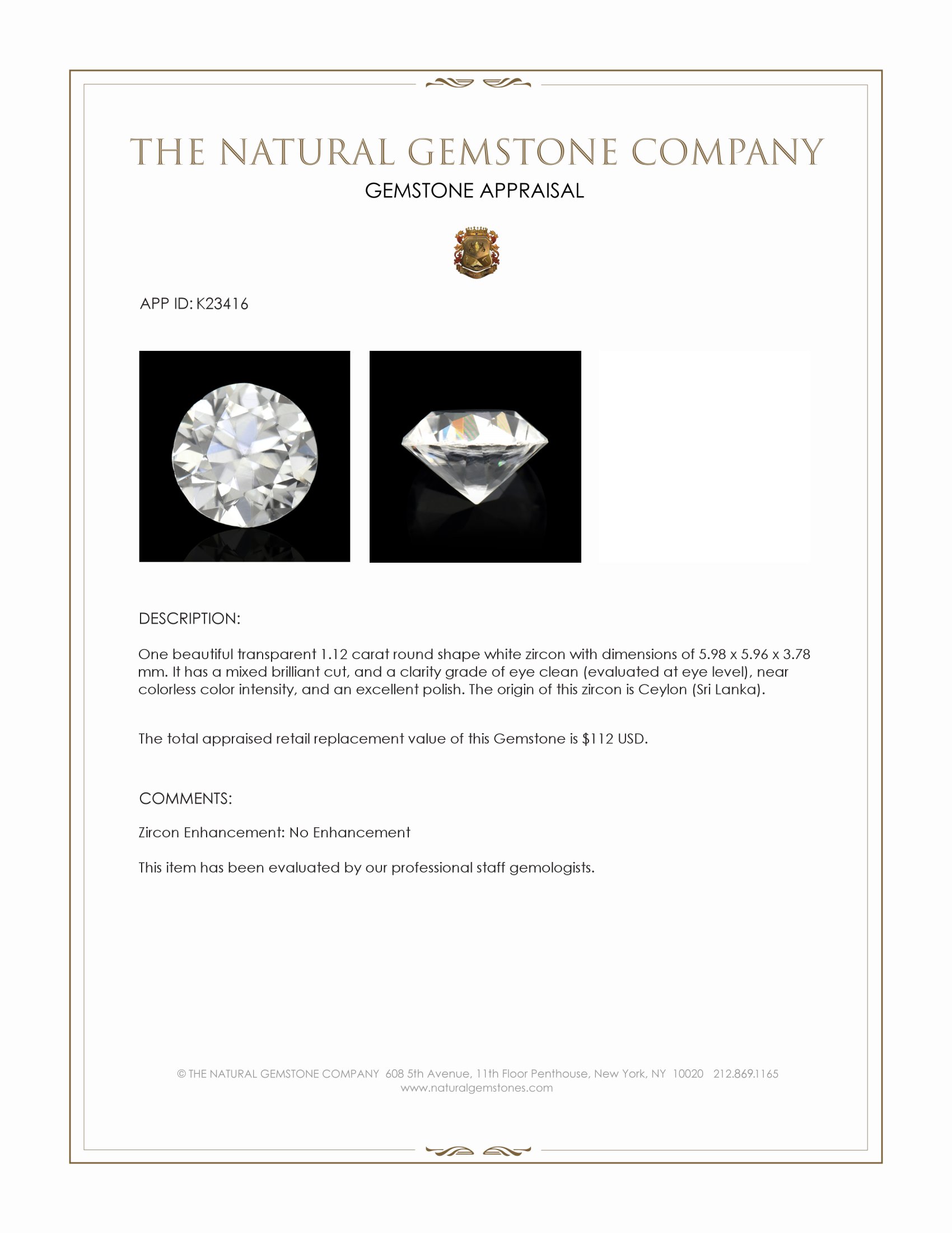 1.12 Ct. White Zircon from Ceylon (Sri Lanka)