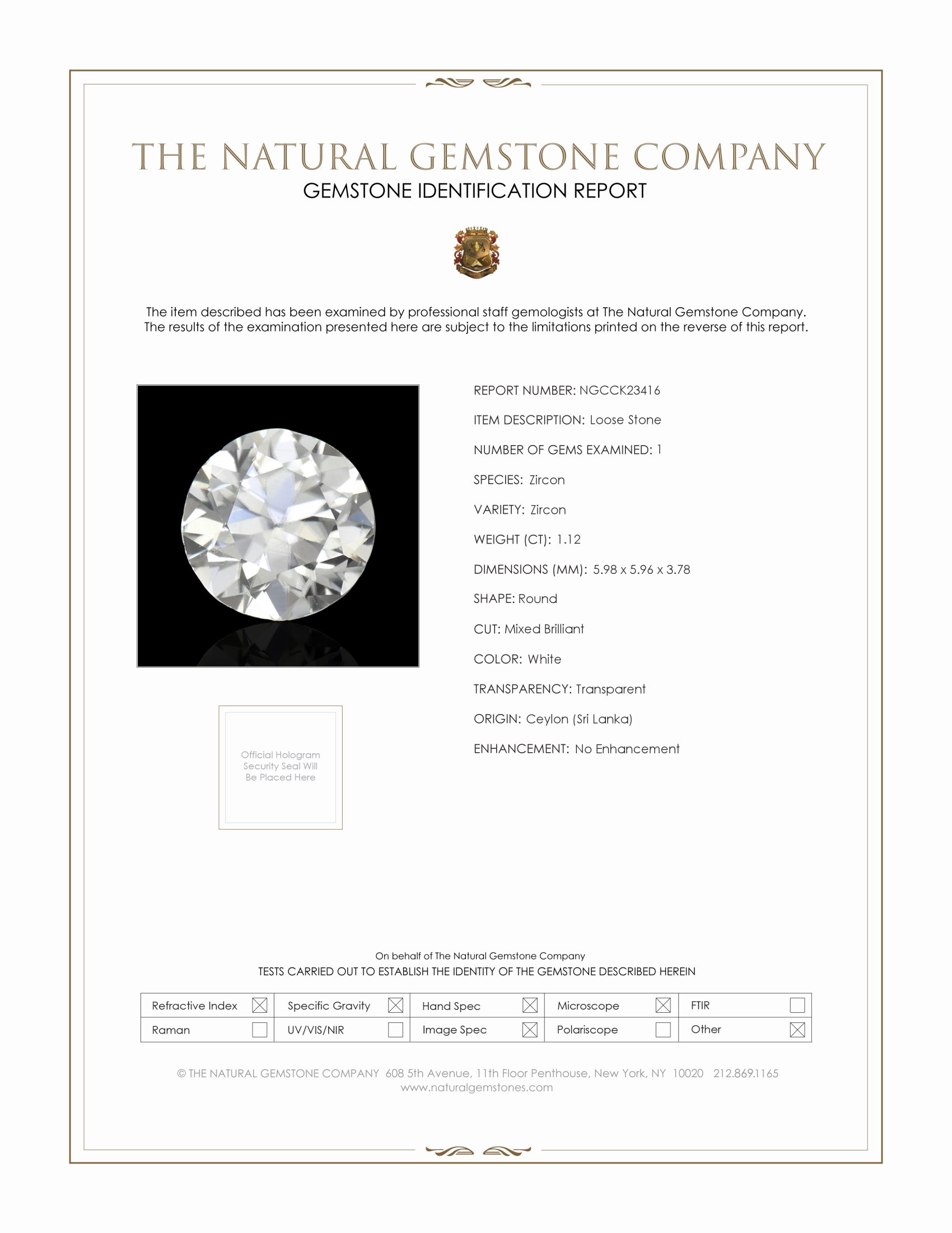 1.12 Ct. White Zircon from Ceylon (Sri Lanka)