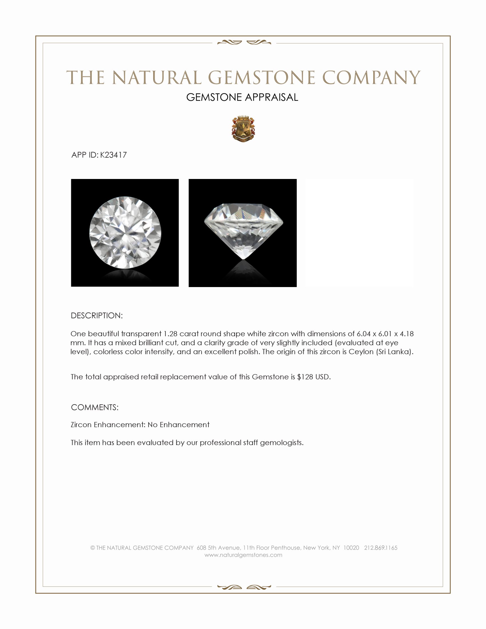 1.28 Ct. White Zircon from Ceylon (Sri Lanka)