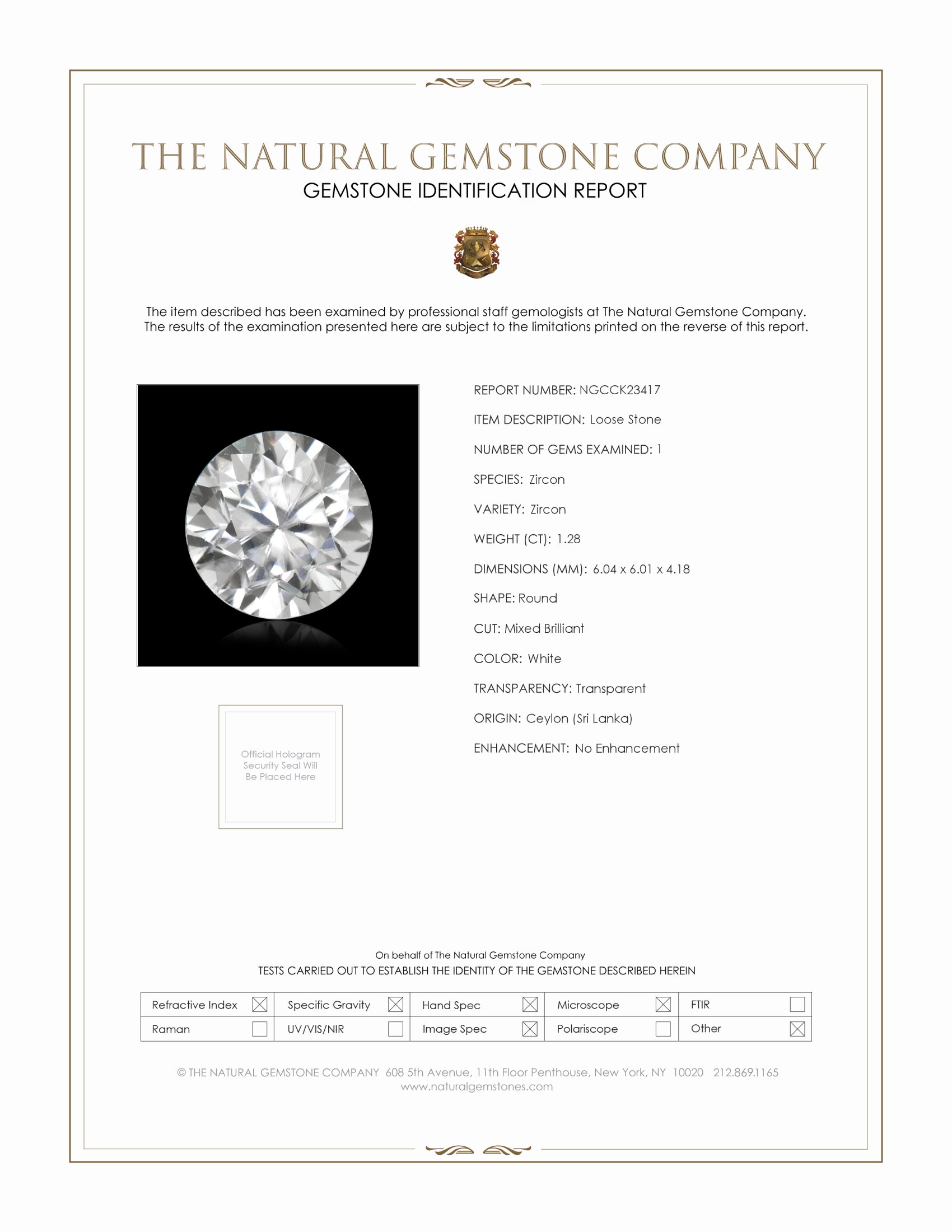 1.28 Ct. White Zircon from Ceylon (Sri Lanka)