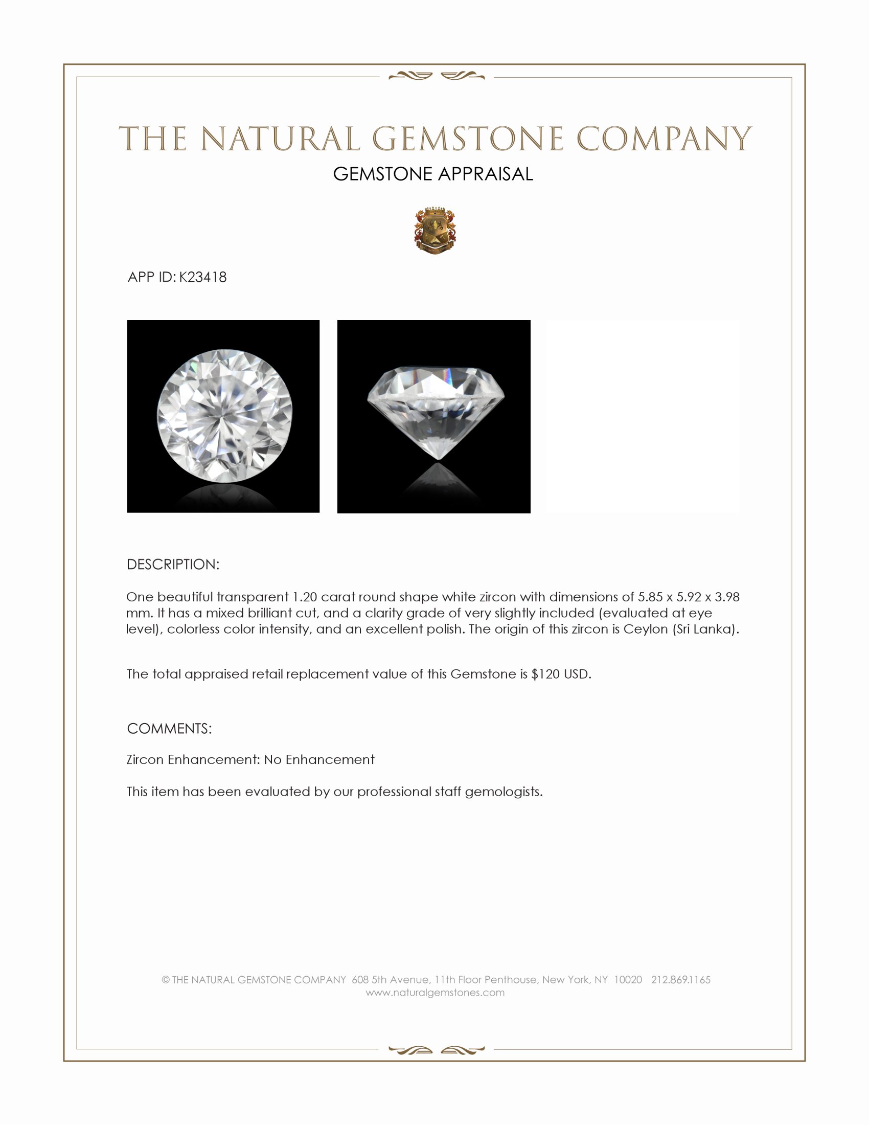 1.20 Ct. White Zircon from Ceylon (Sri Lanka)