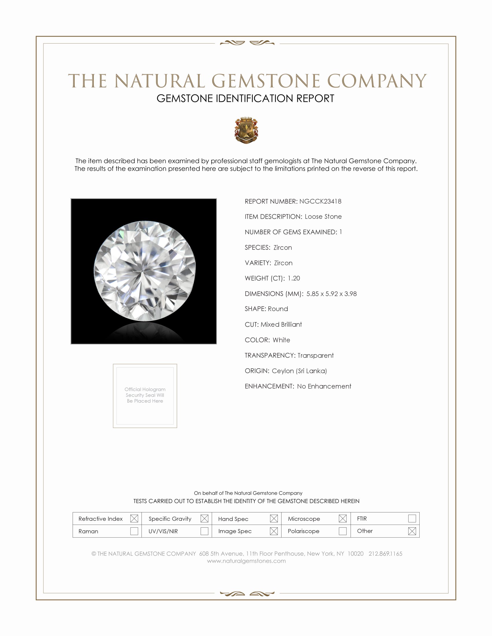 1.20 Ct. White Zircon from Ceylon (Sri Lanka)