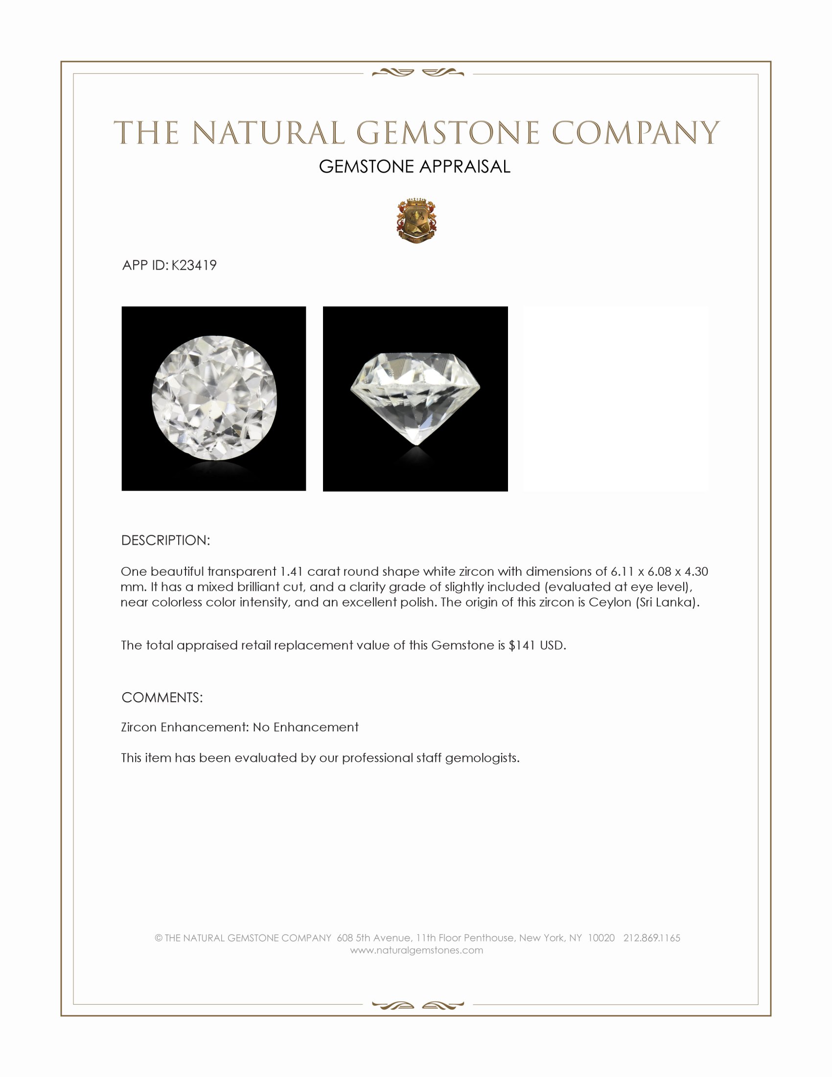 1.41 Ct. White Zircon from Ceylon (Sri Lanka)
