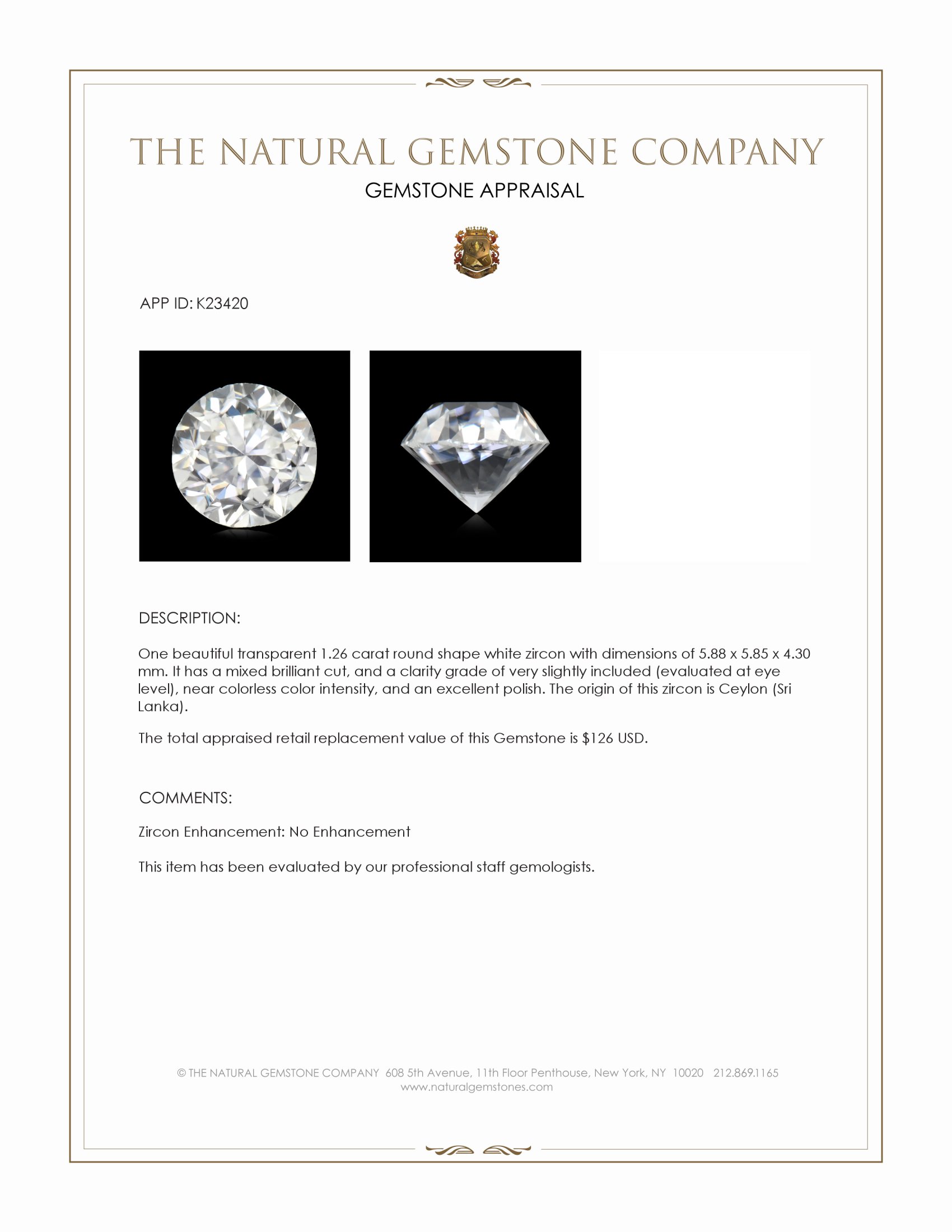 1.26 Ct. White Zircon from Ceylon (Sri Lanka)