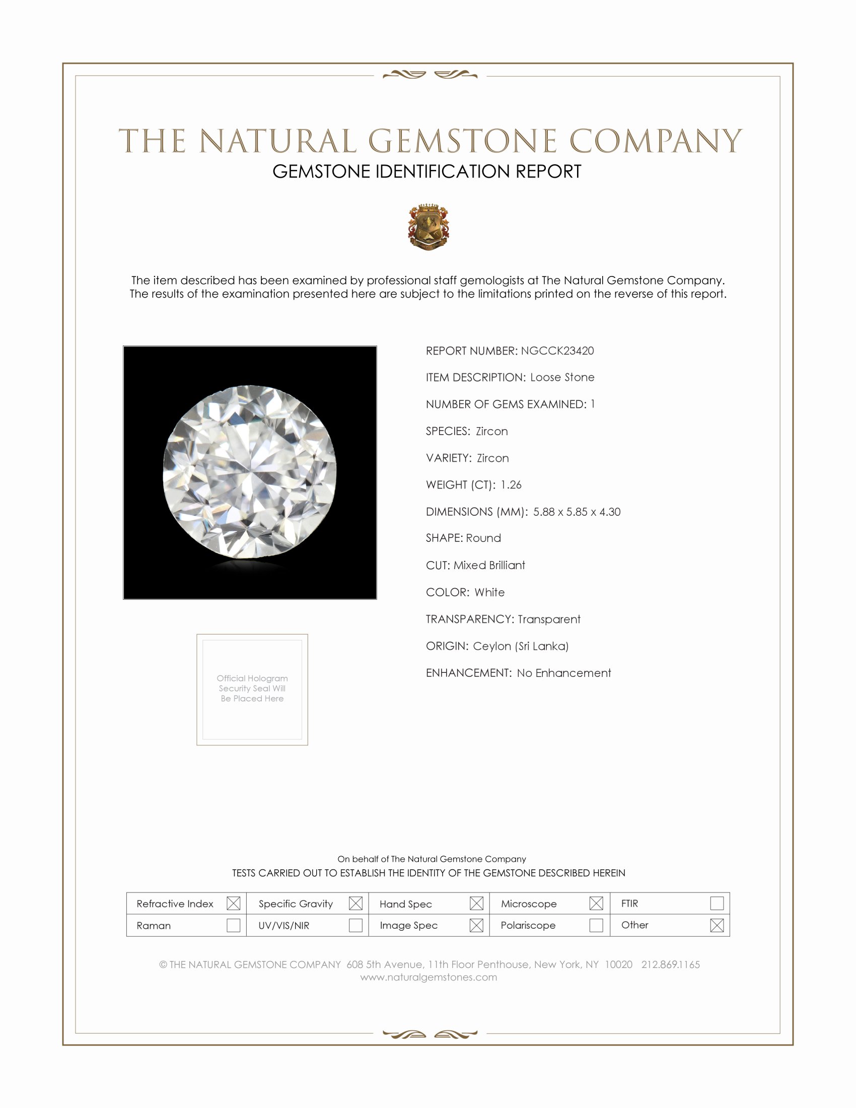 1.26 Ct. White Zircon from Ceylon (Sri Lanka)