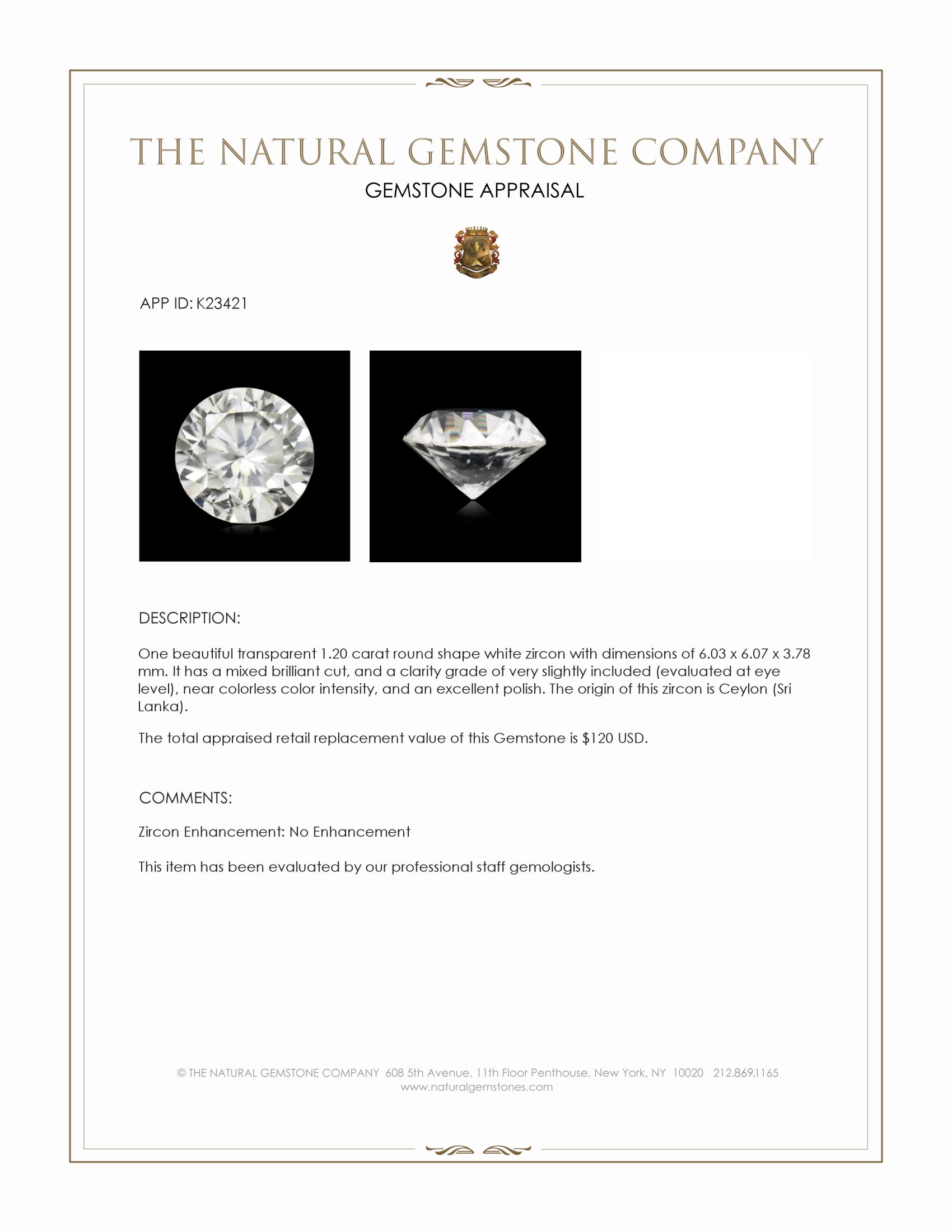 1.20 Ct. White Zircon from Ceylon (Sri Lanka)