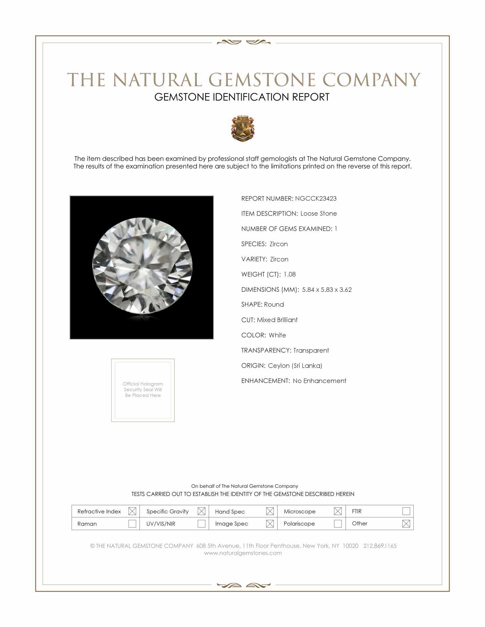 1.08 Ct. White Zircon from Ceylon (Sri Lanka)