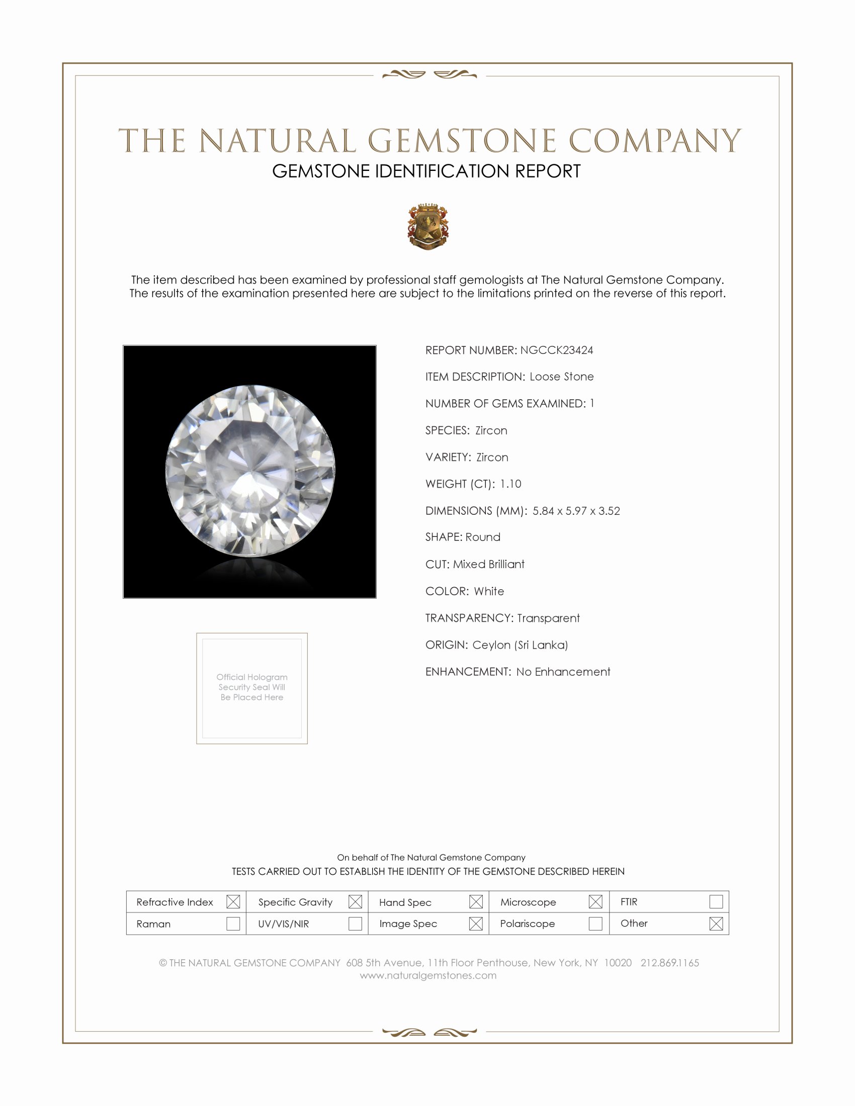 1.10 Ct. White Zircon from Ceylon (Sri Lanka)