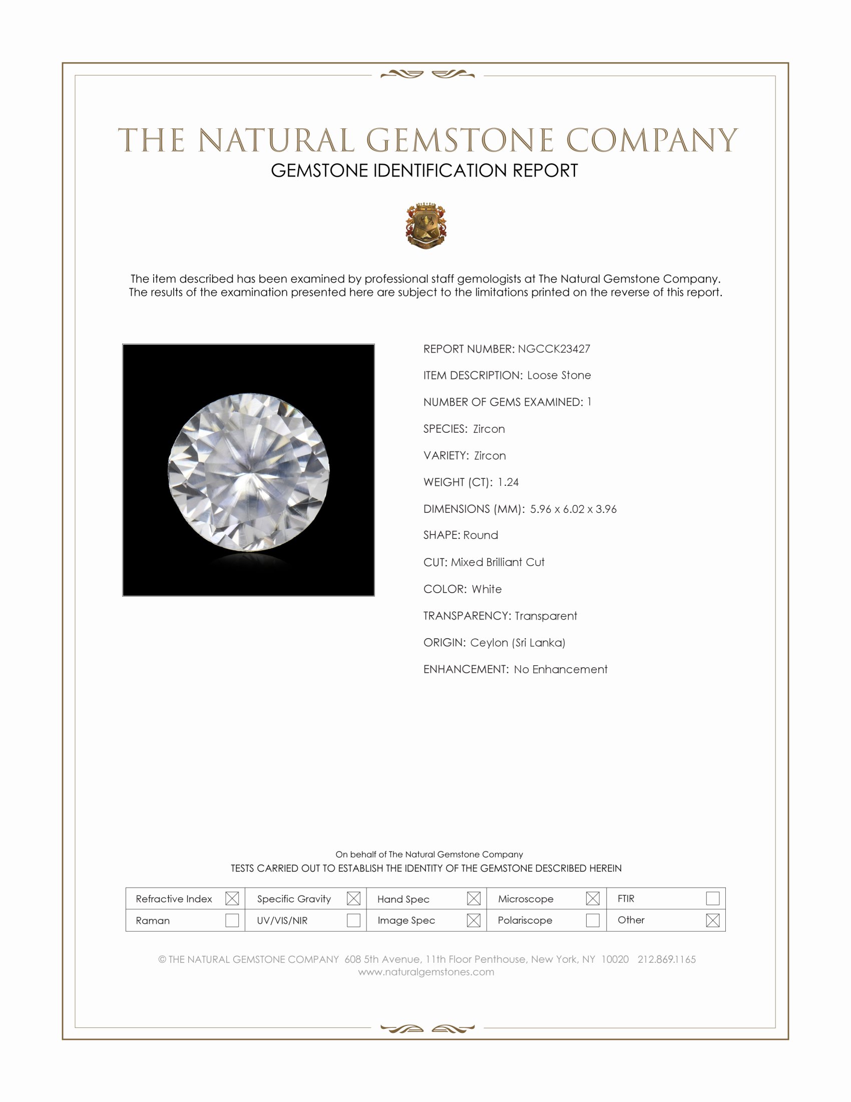 1.24 Ct. White Zircon from Ceylon (Sri Lanka)