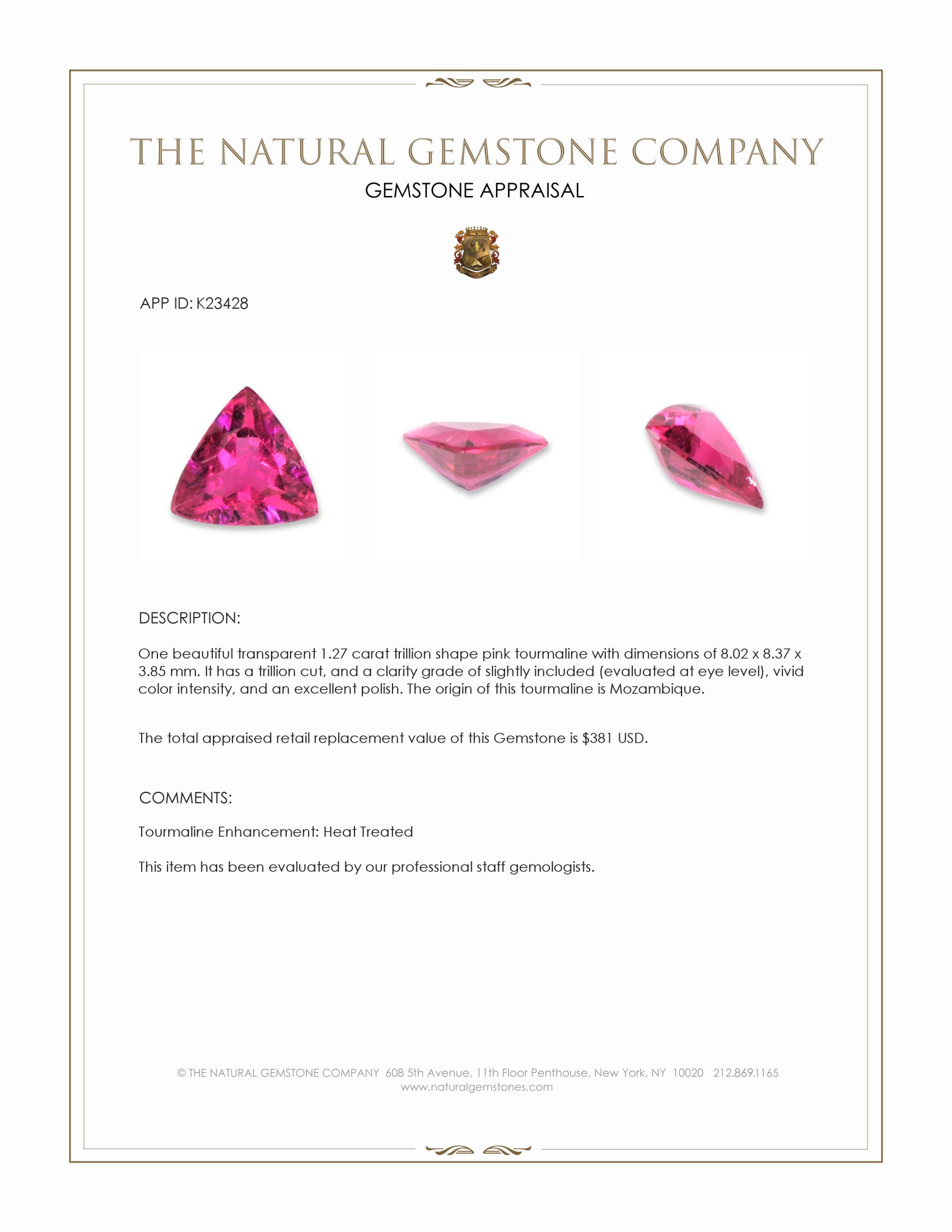 1.27 Ct. Pink Tourmaline from Mozambique