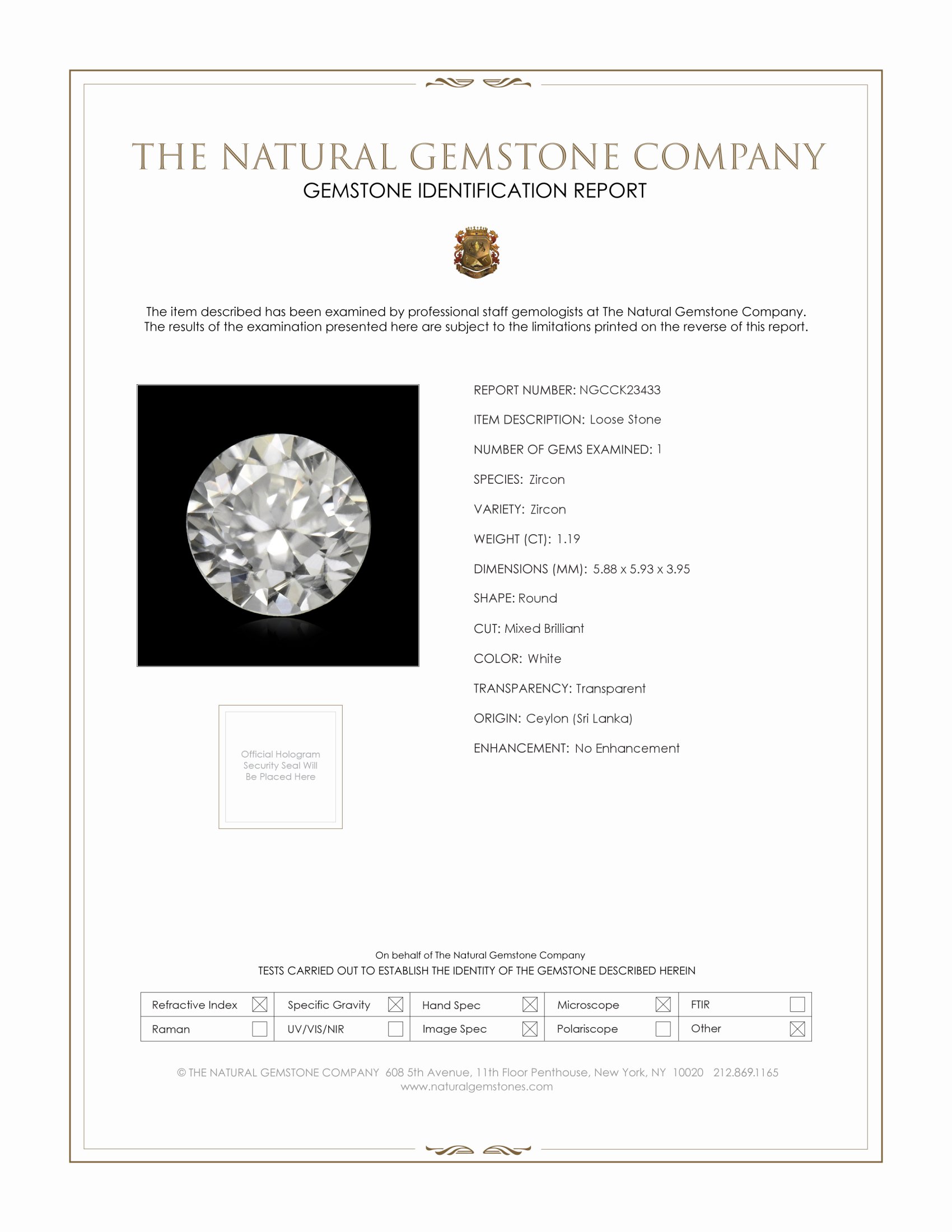 1.19 Ct. White Zircon from Ceylon (Sri Lanka)