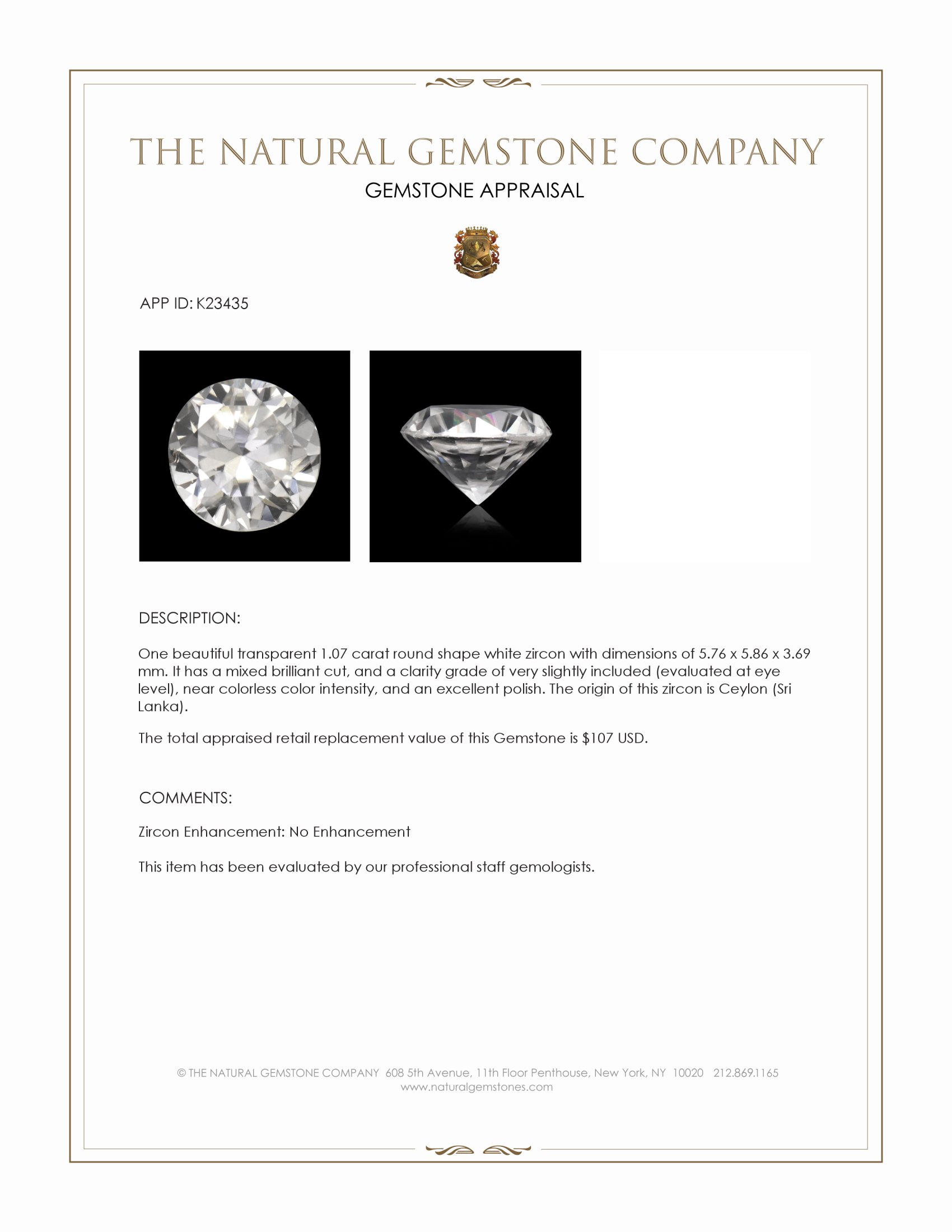 1.07 Ct. White Zircon from Ceylon (Sri Lanka)