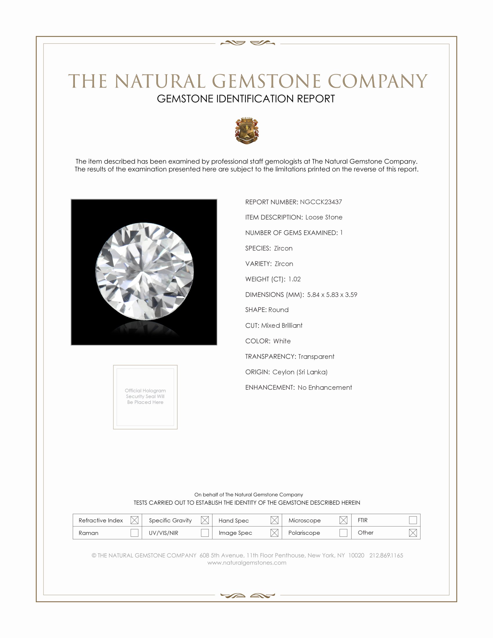 1.02 Ct. White Zircon from Ceylon (Sri Lanka)