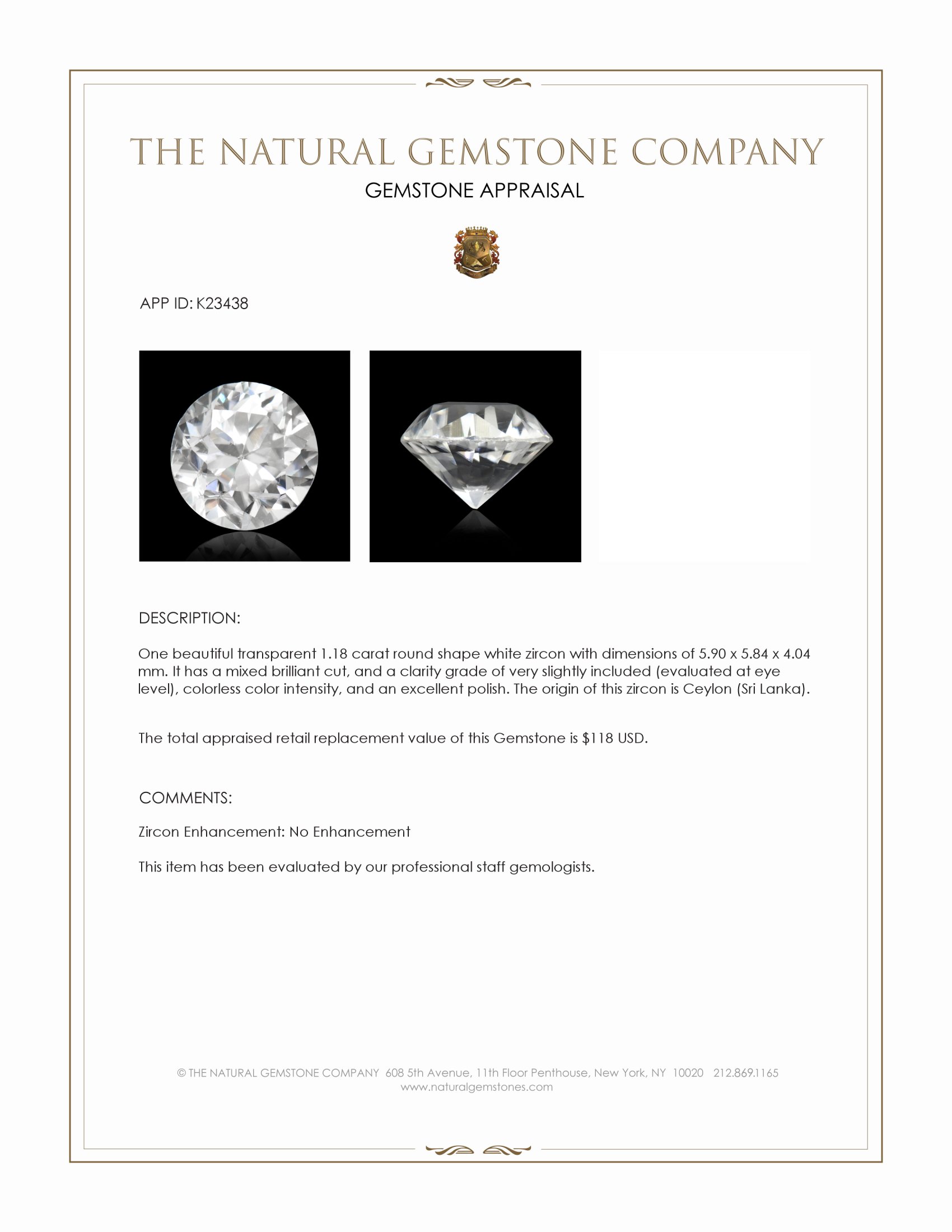 1.18 Ct. White Zircon from Ceylon (Sri Lanka)