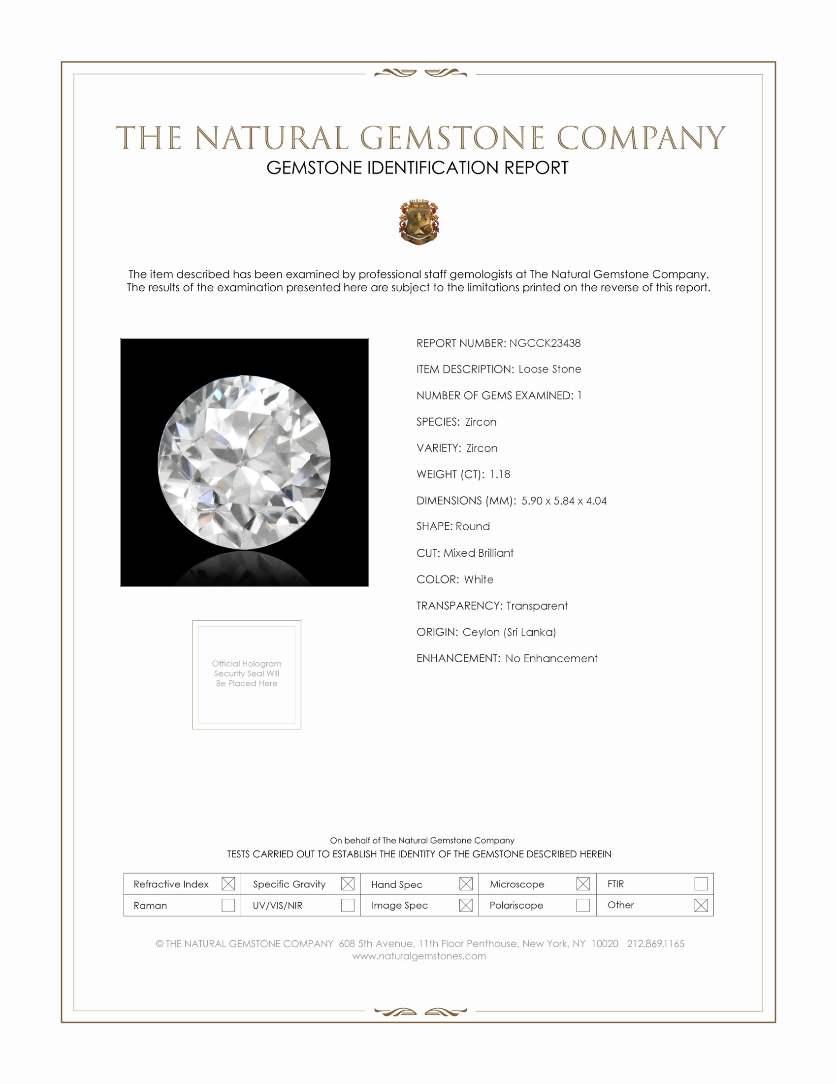 1.18 Ct. White Zircon from Ceylon (Sri Lanka)