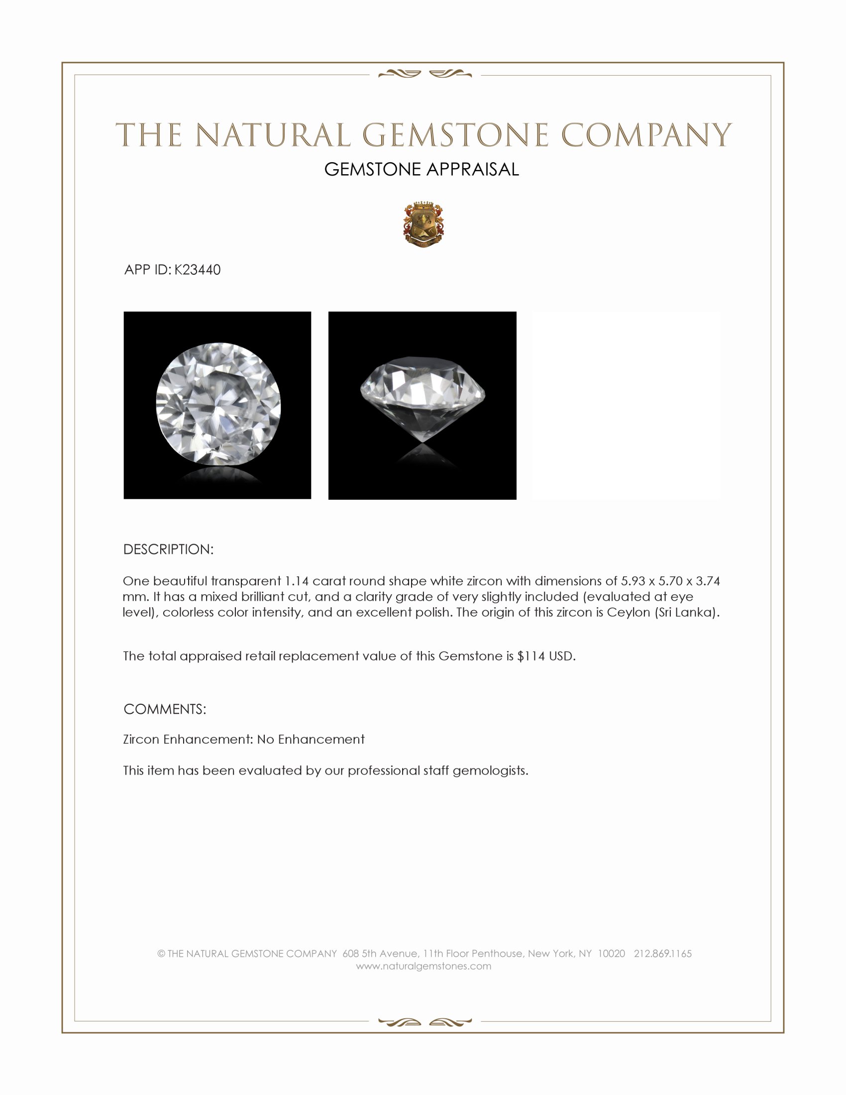 1.14 Ct. White Zircon from Ceylon (Sri Lanka)
