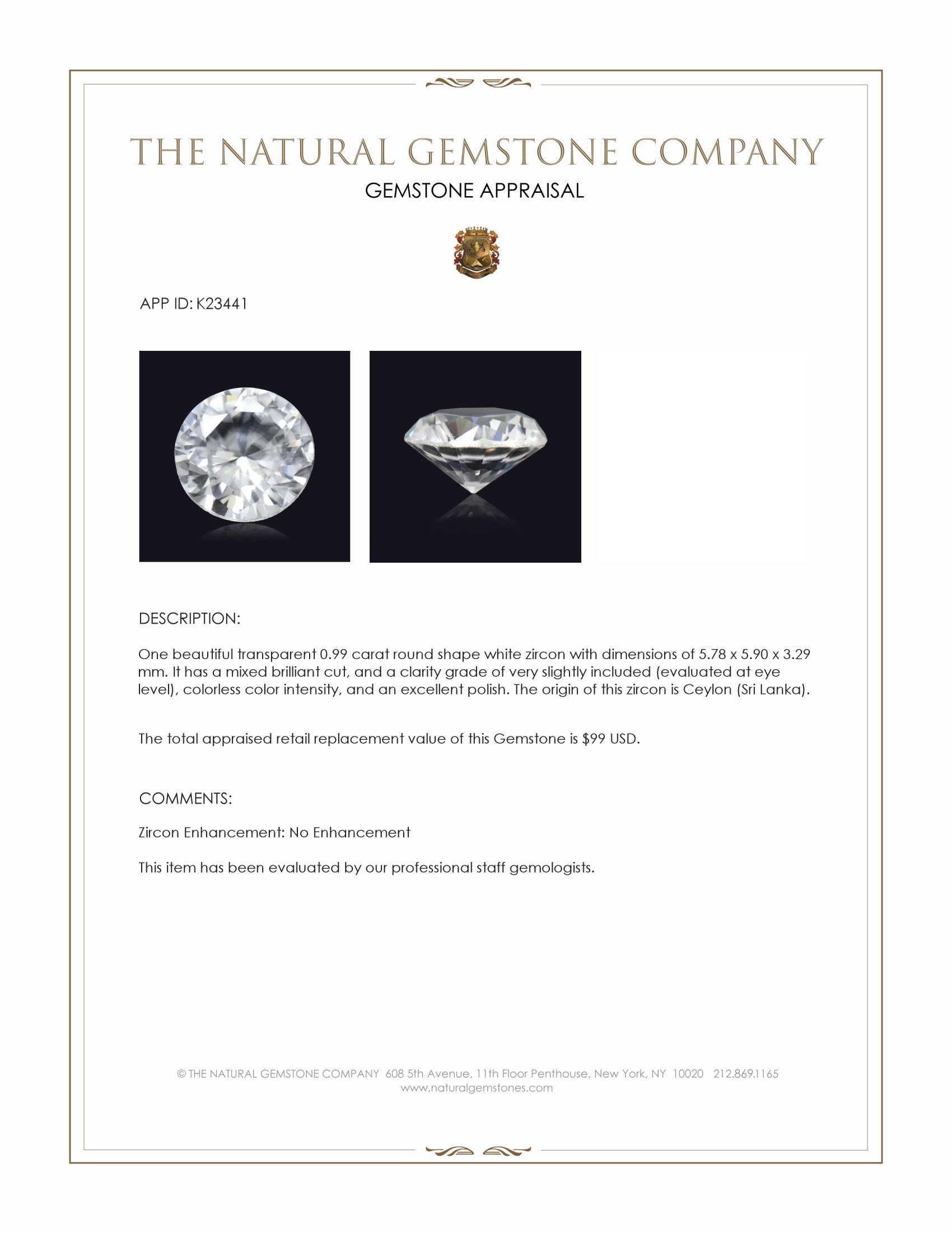 0.99 Ct. White Zircon from Ceylon (Sri Lanka)