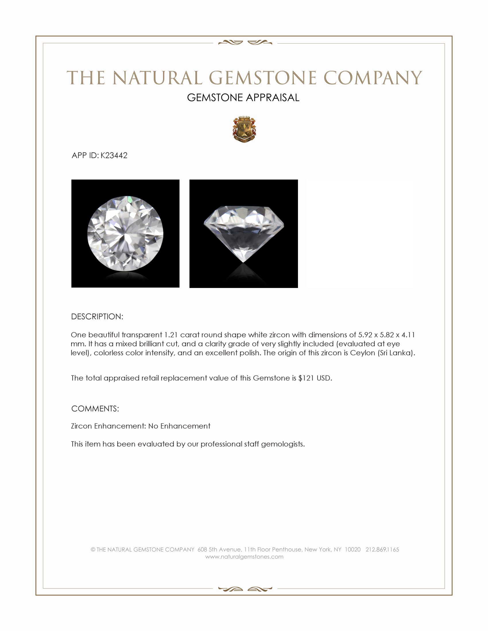 1.21 Ct. White Zircon from Ceylon (Sri Lanka)