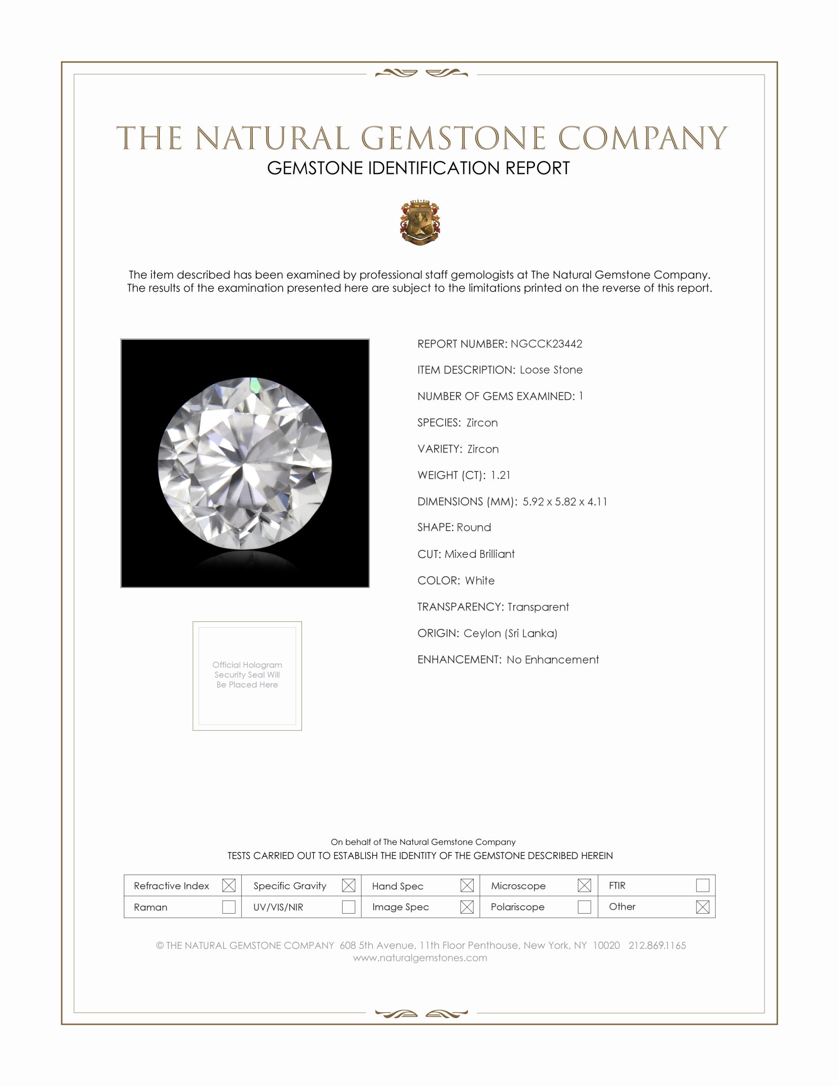 1.21 Ct. White Zircon from Ceylon (Sri Lanka)