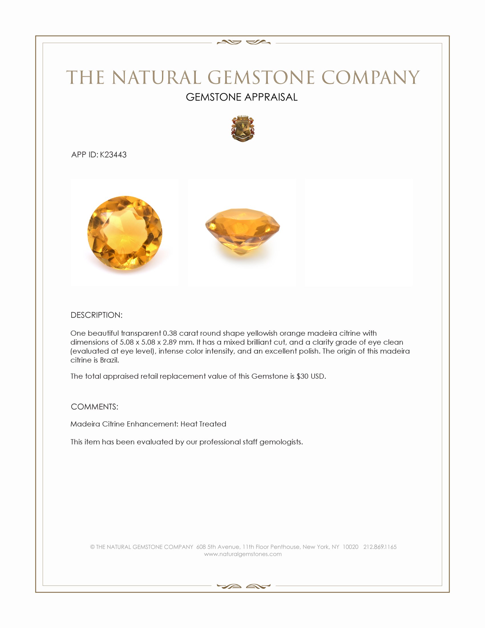 0.38 Ct. Orangish Yellow Citrine from Brazil