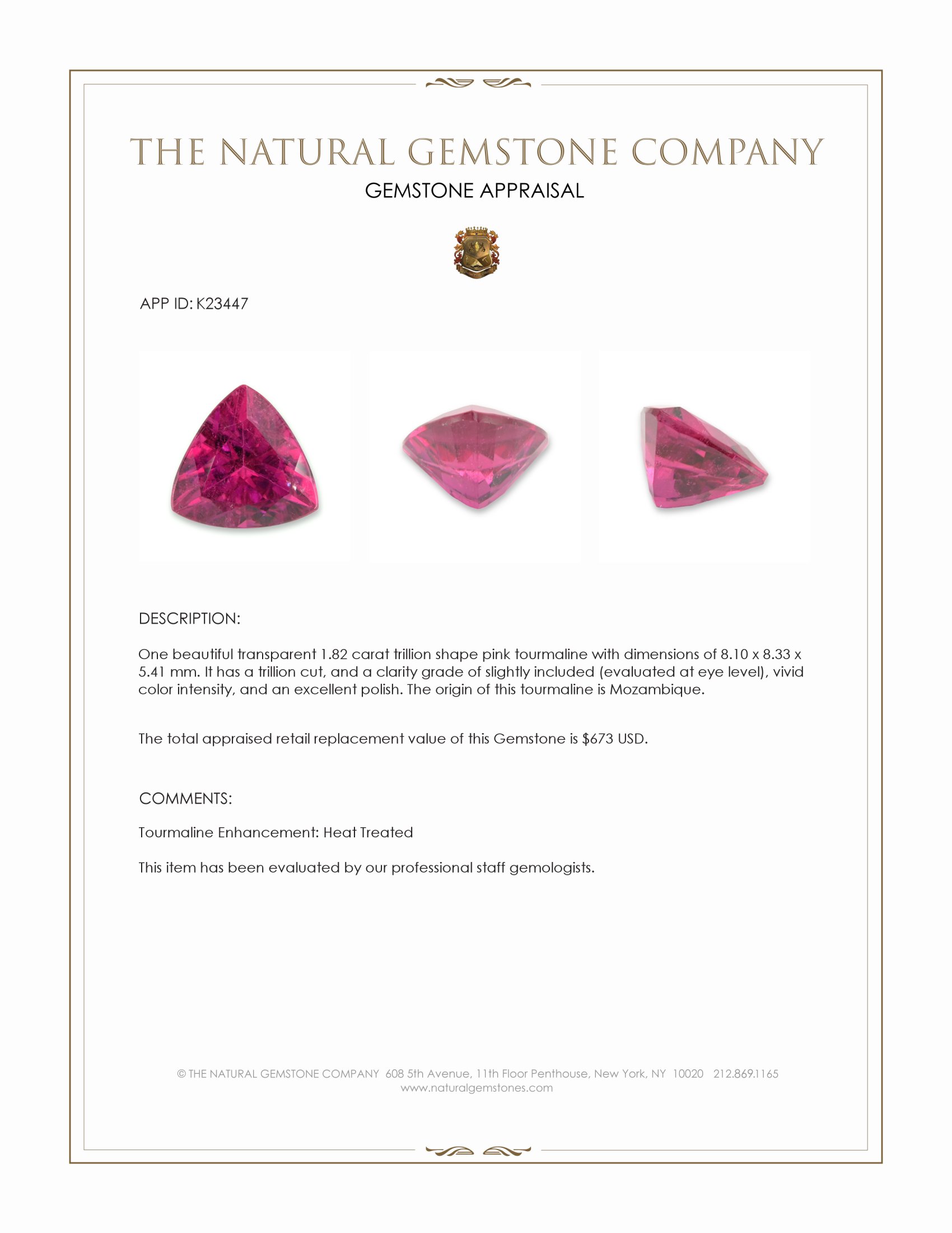 1.82 Ct. Pink Tourmaline from Mozambique