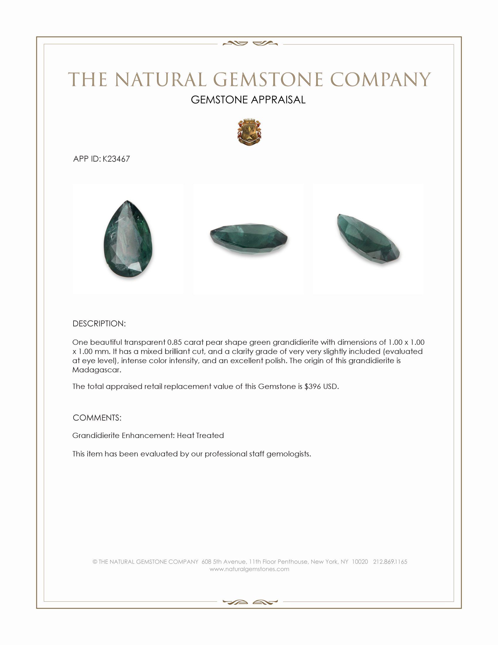 0.85 Ct. Green Grandidierite from Madagascar