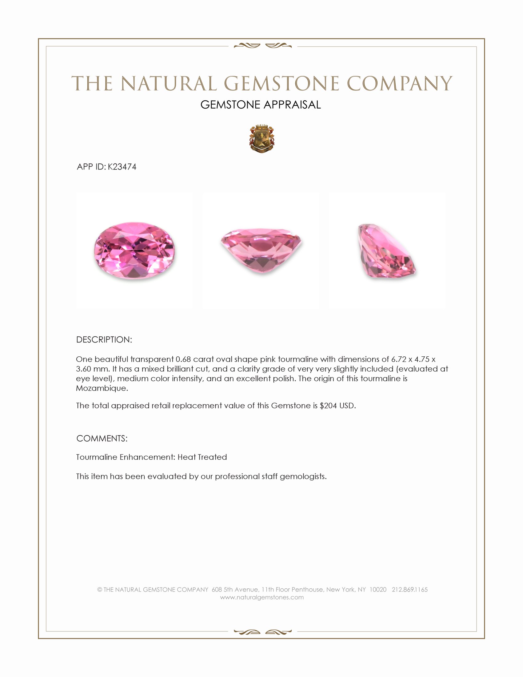 0.68 Ct. Pink Tourmaline from Mozambique