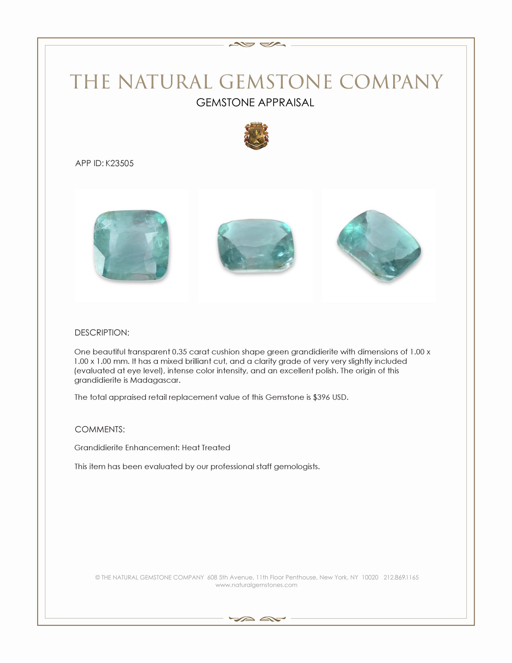 0.35 Ct. Green Grandidierite from Madagascar
