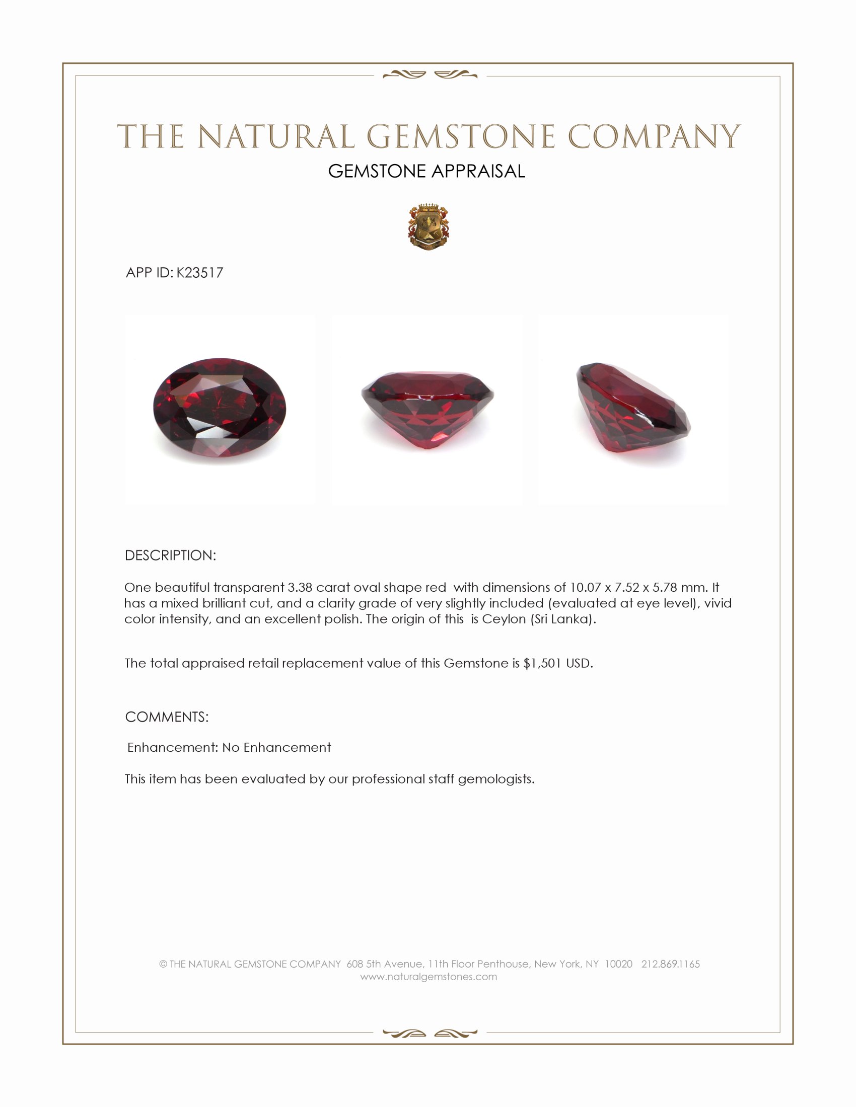 3.38 Ct. Red Garnet from Ceylon (Sri Lanka)