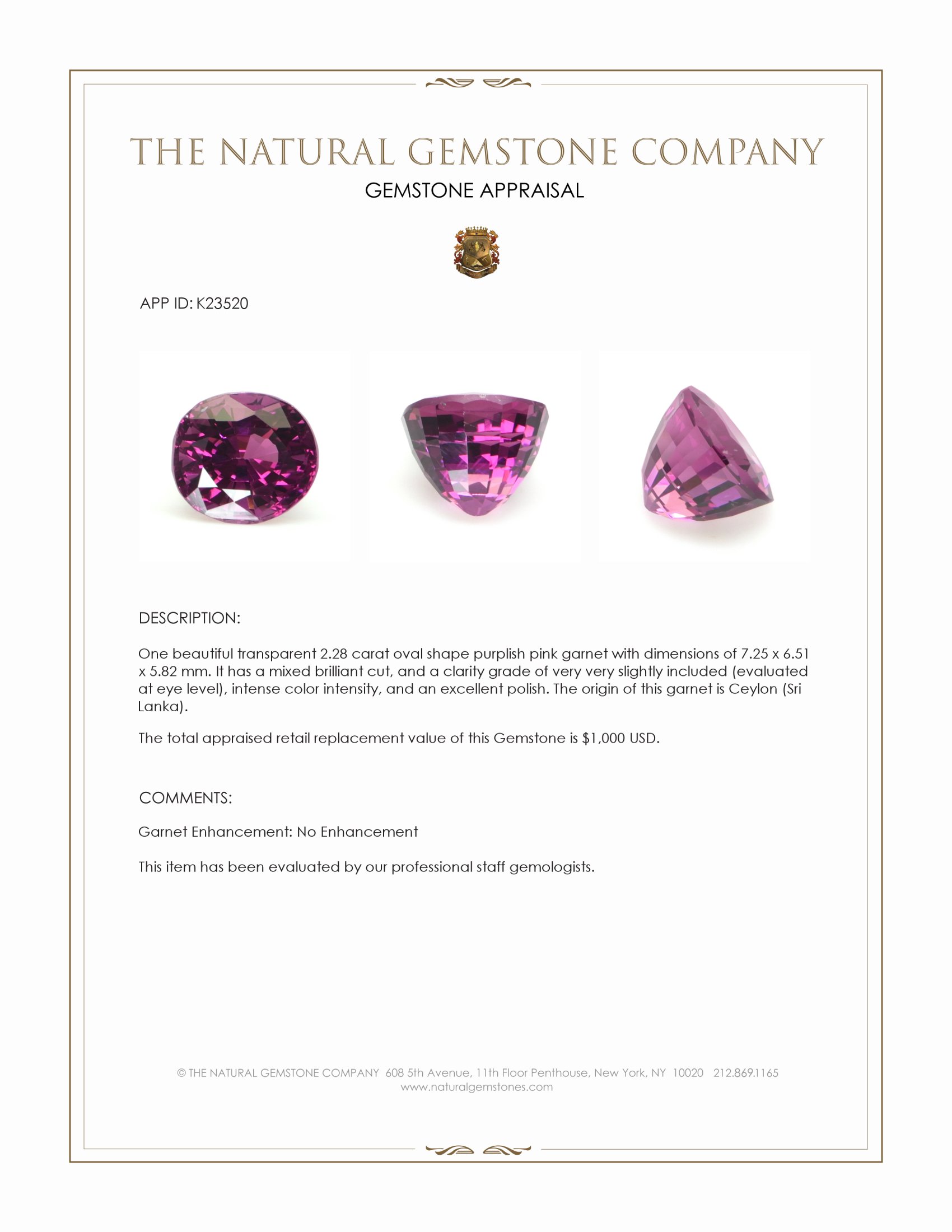 2.28 Ct. Purplish Pink Garnet from Ceylon (Sri Lanka)