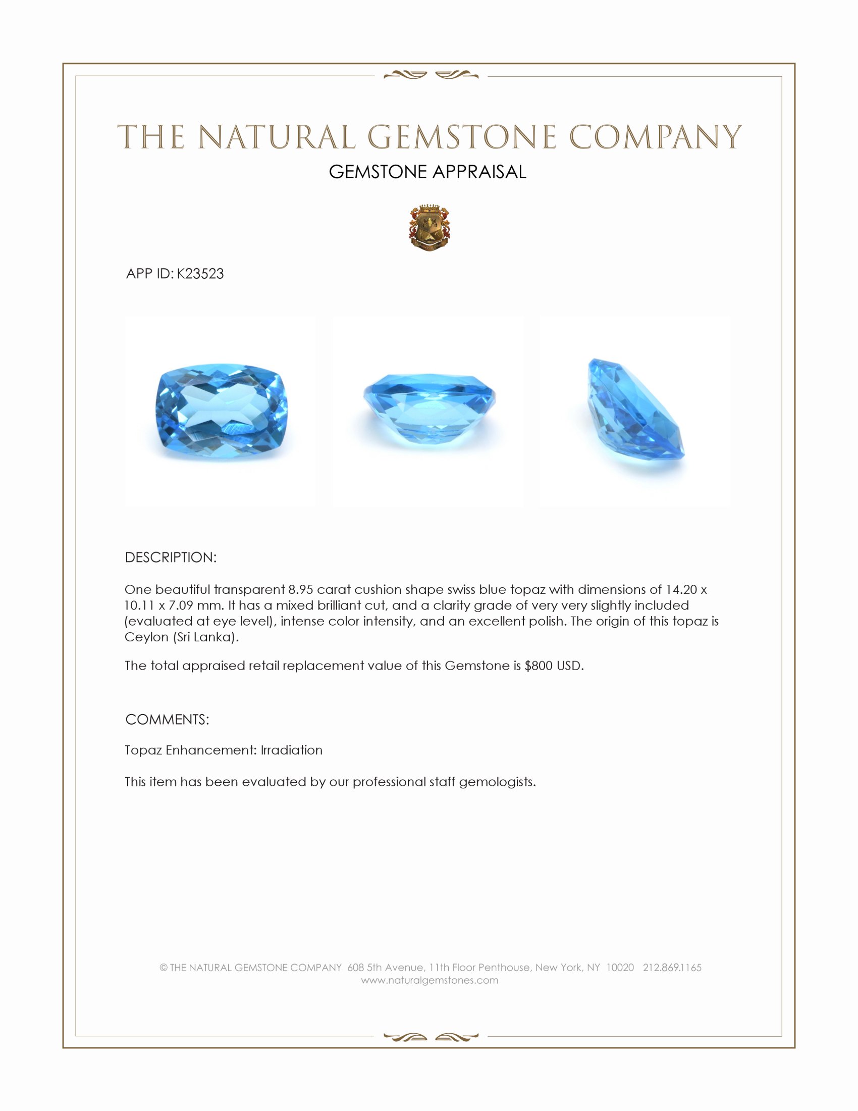 8.95 Ct. Swiss Blue Topaz from Ceylon (Sri Lanka)