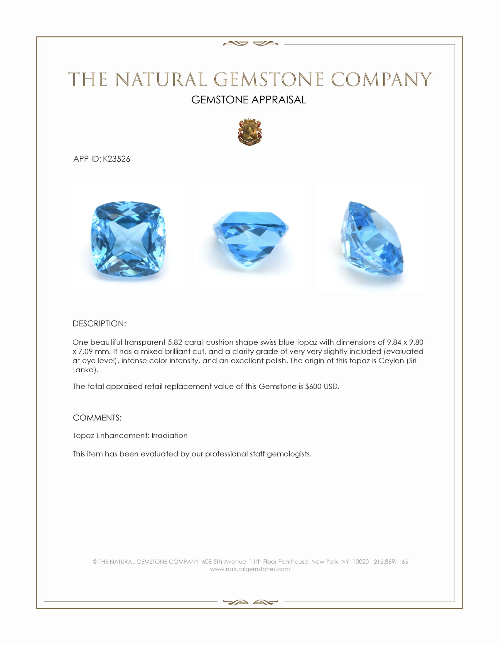 5.82 Ct. Swiss Blue Topaz from Ceylon (Sri Lanka)