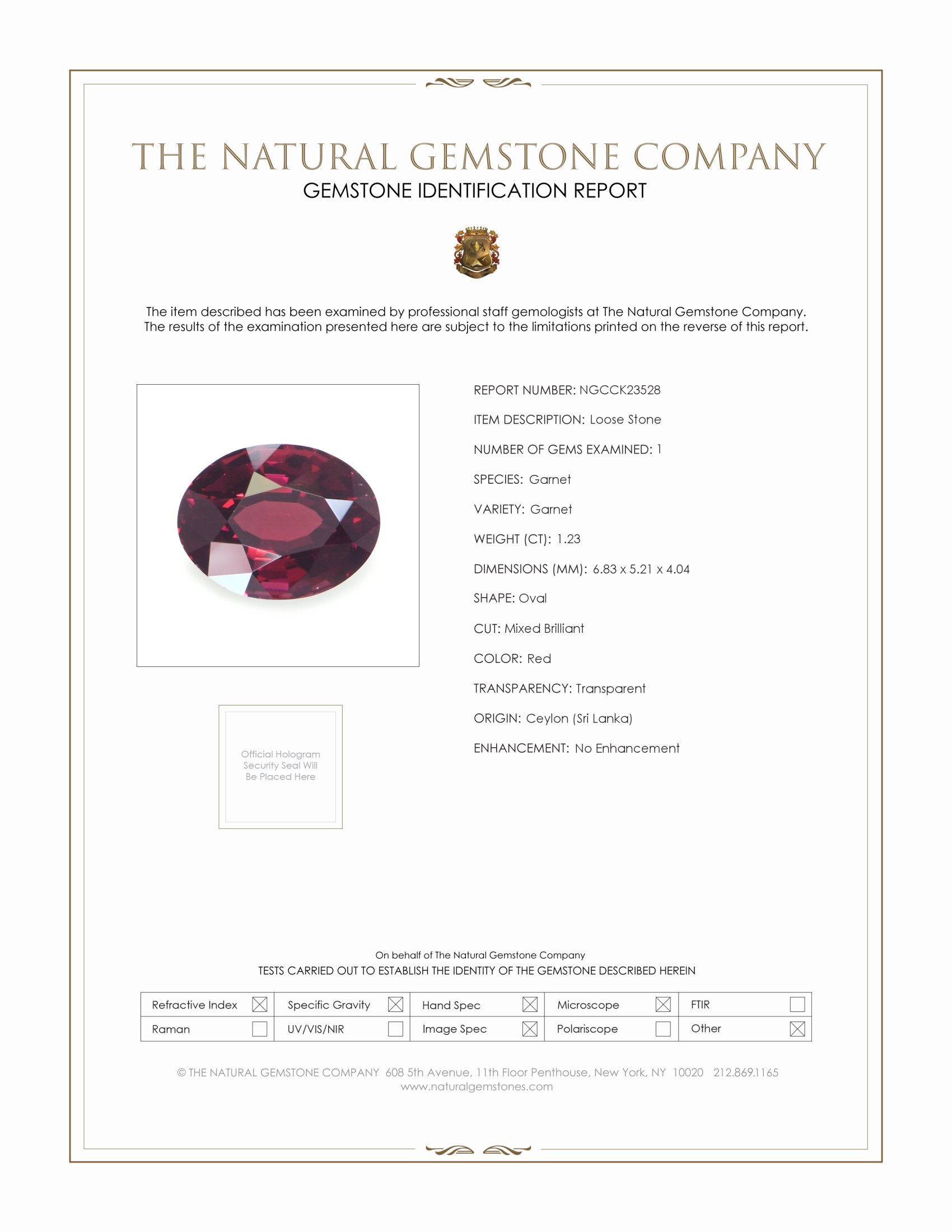 1.23 Ct. Red Garnet from Ceylon (Sri Lanka)