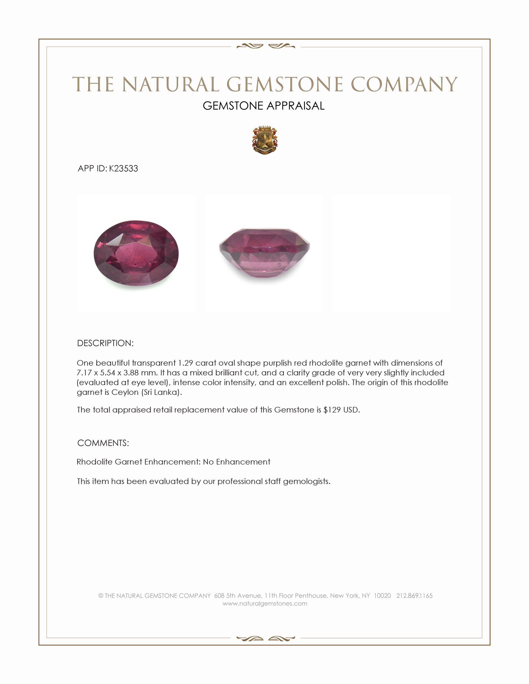 1.29 Ct. Purplish Red Rhodolite Garnet from Ceylon (Sri Lanka)