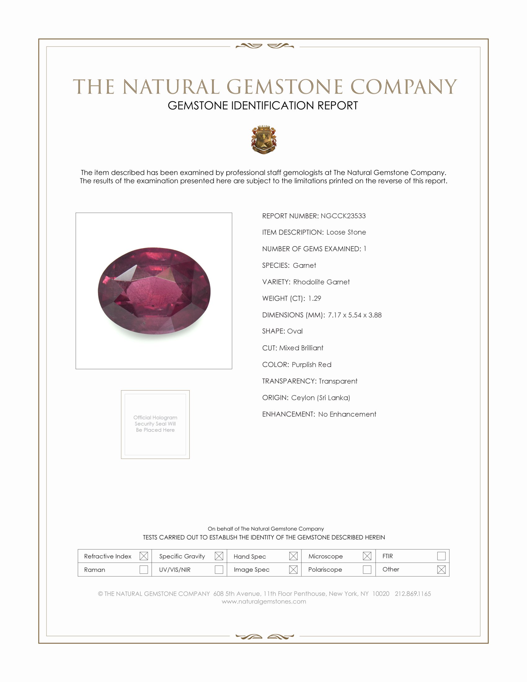 1.29 Ct. Purplish Red Rhodolite Garnet from Ceylon (Sri Lanka)