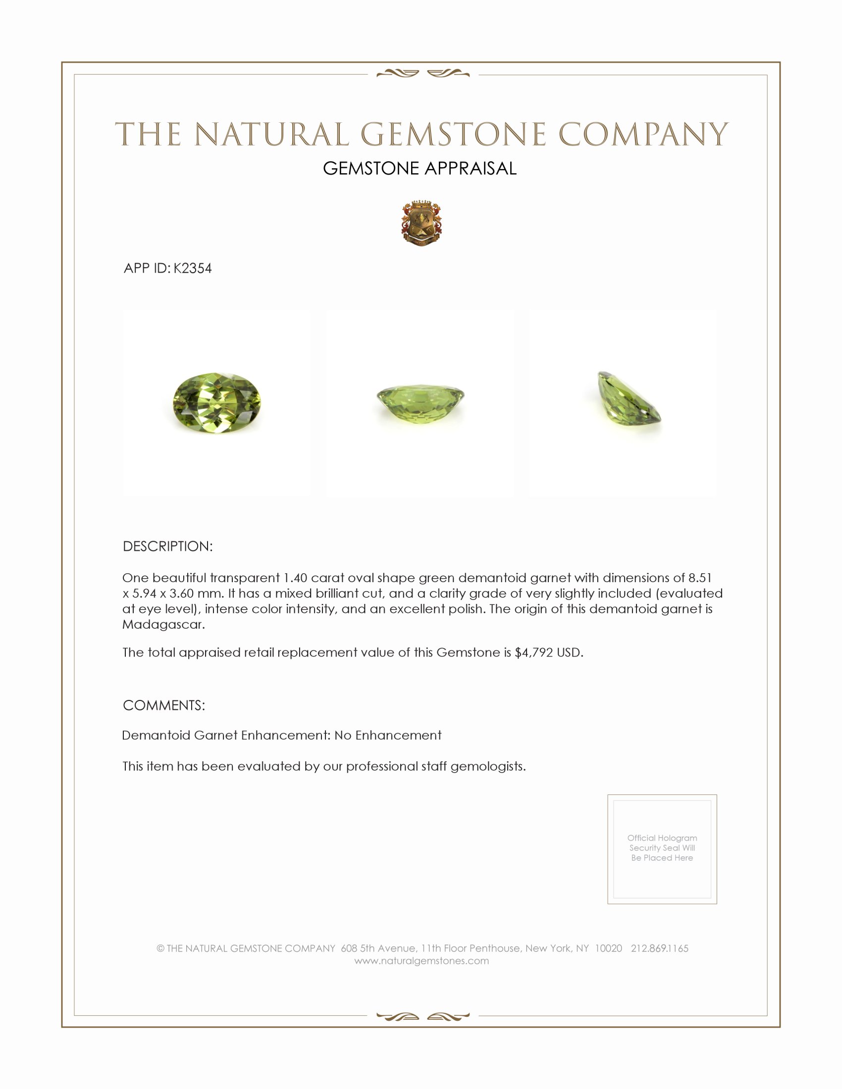 1.40 Ct. Demantoid Garnet from Madagascar