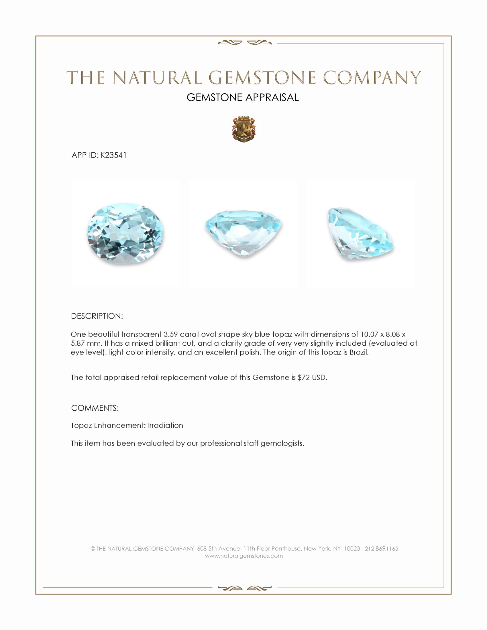 3.59 Ct. Sky Blue Topaz from Brazil