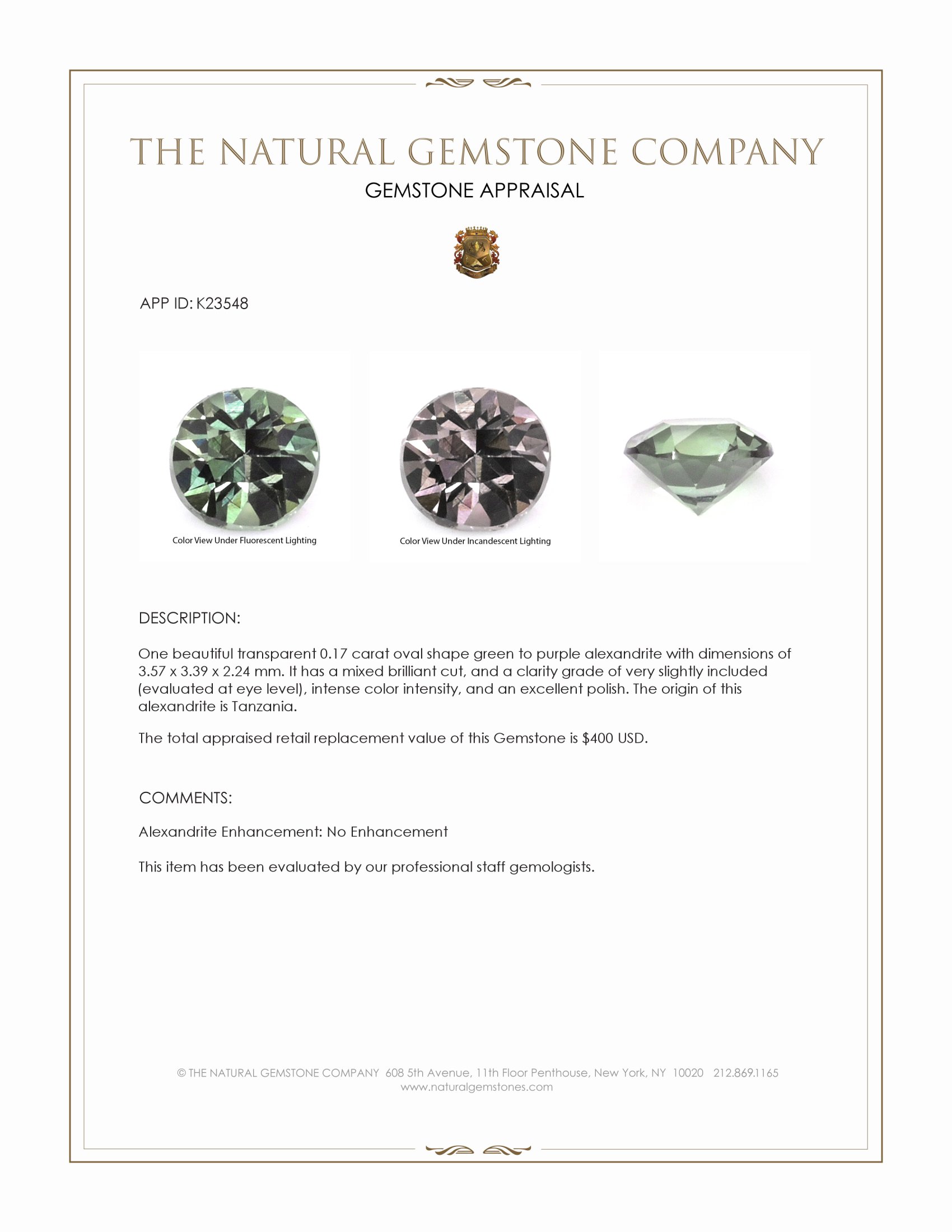 0.17 Ct. Alexandrite from Tanzania