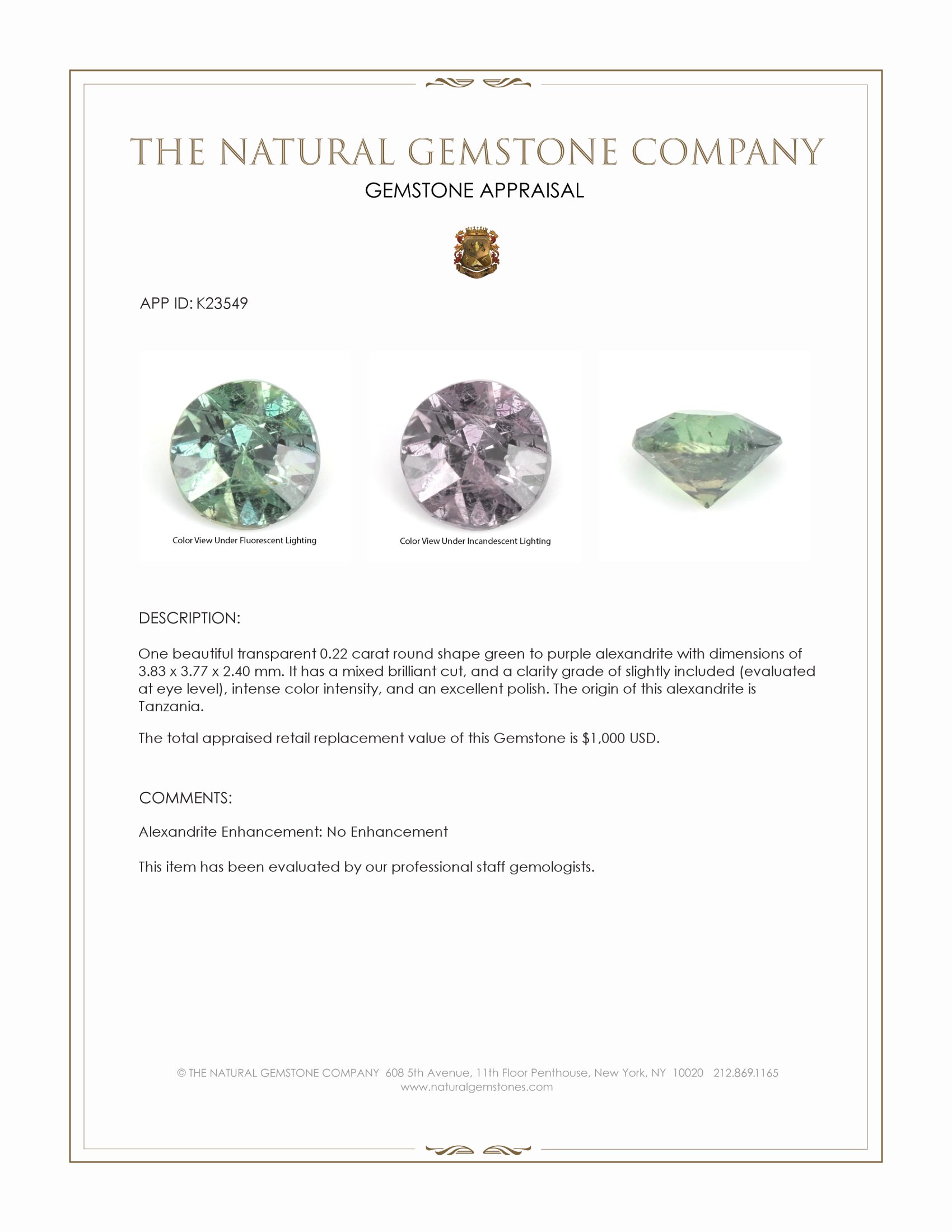 0.22 Ct. Alexandrite from Tanzania