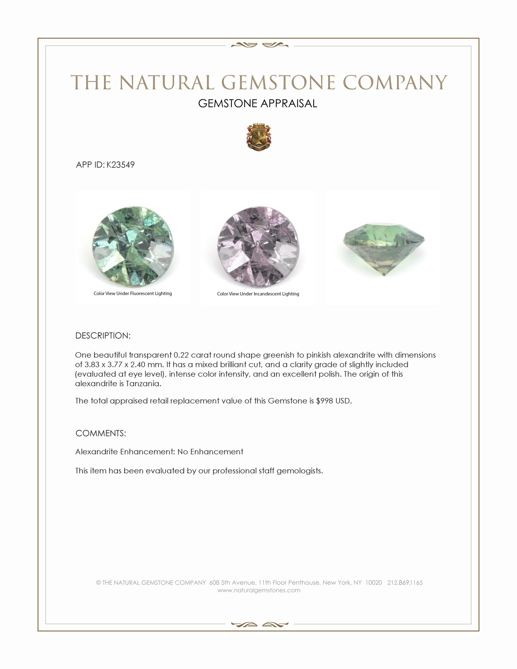0.22 Ct. Alexandrite from Tanzania