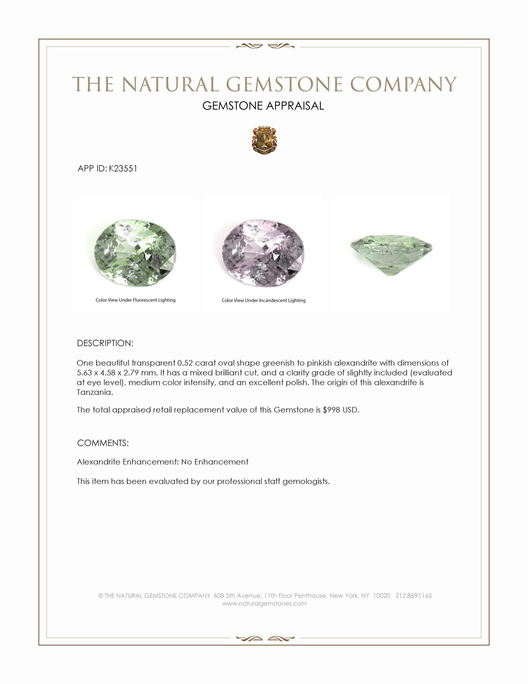 0.52 Ct. Alexandrite from Tanzania