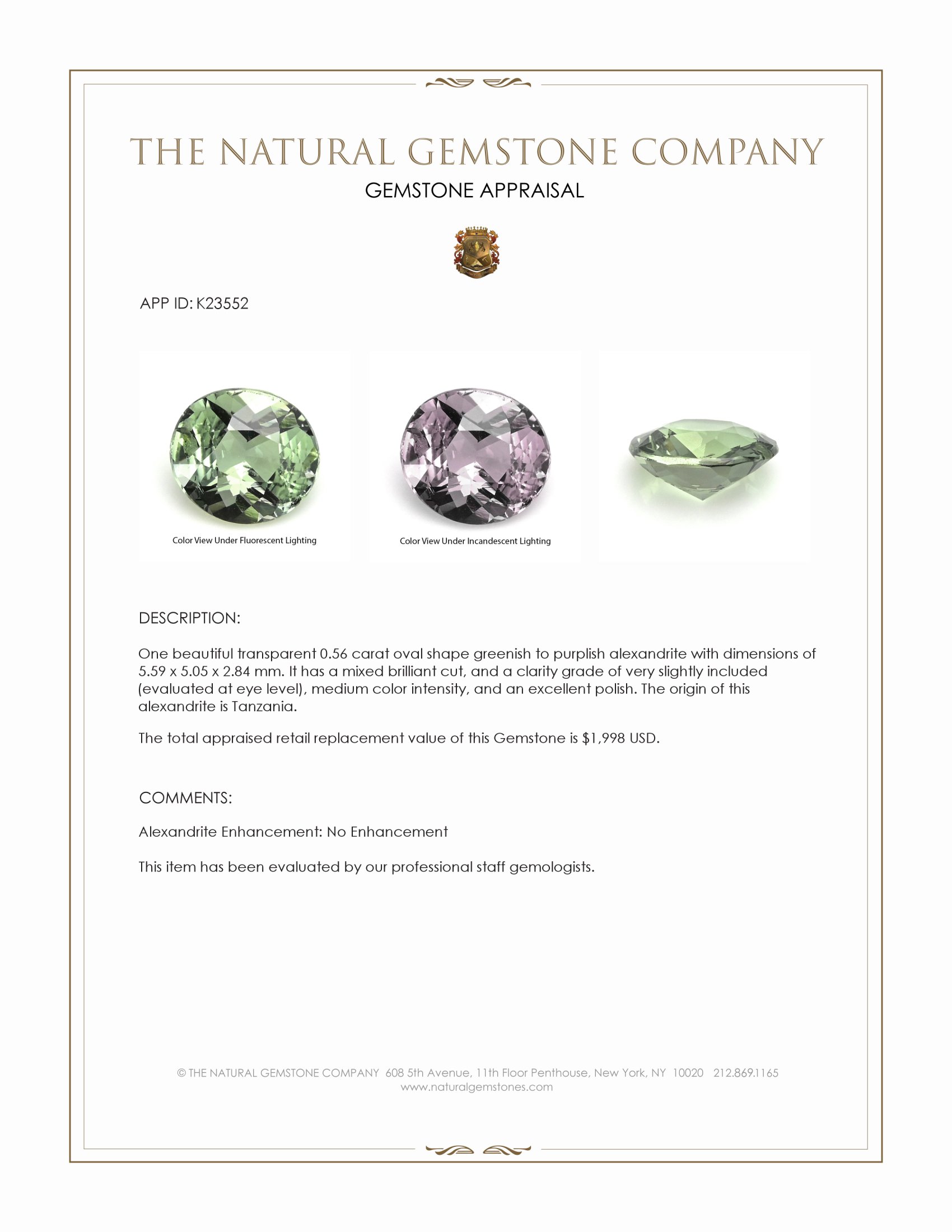 0.56 Ct. Alexandrite from Tanzania