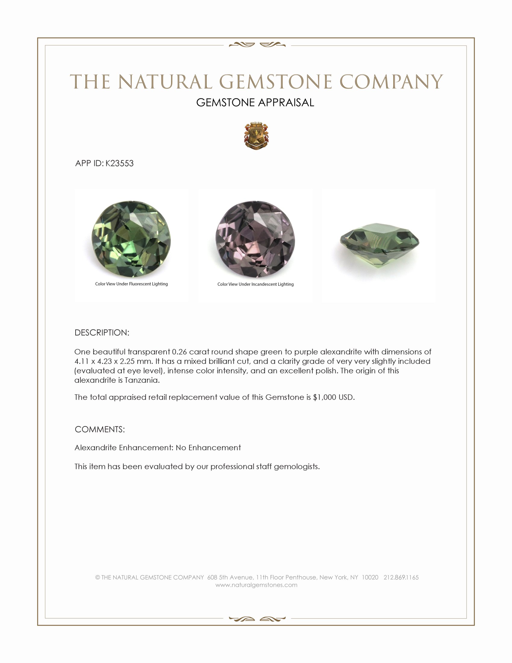 0.26 Ct. Alexandrite from Tanzania